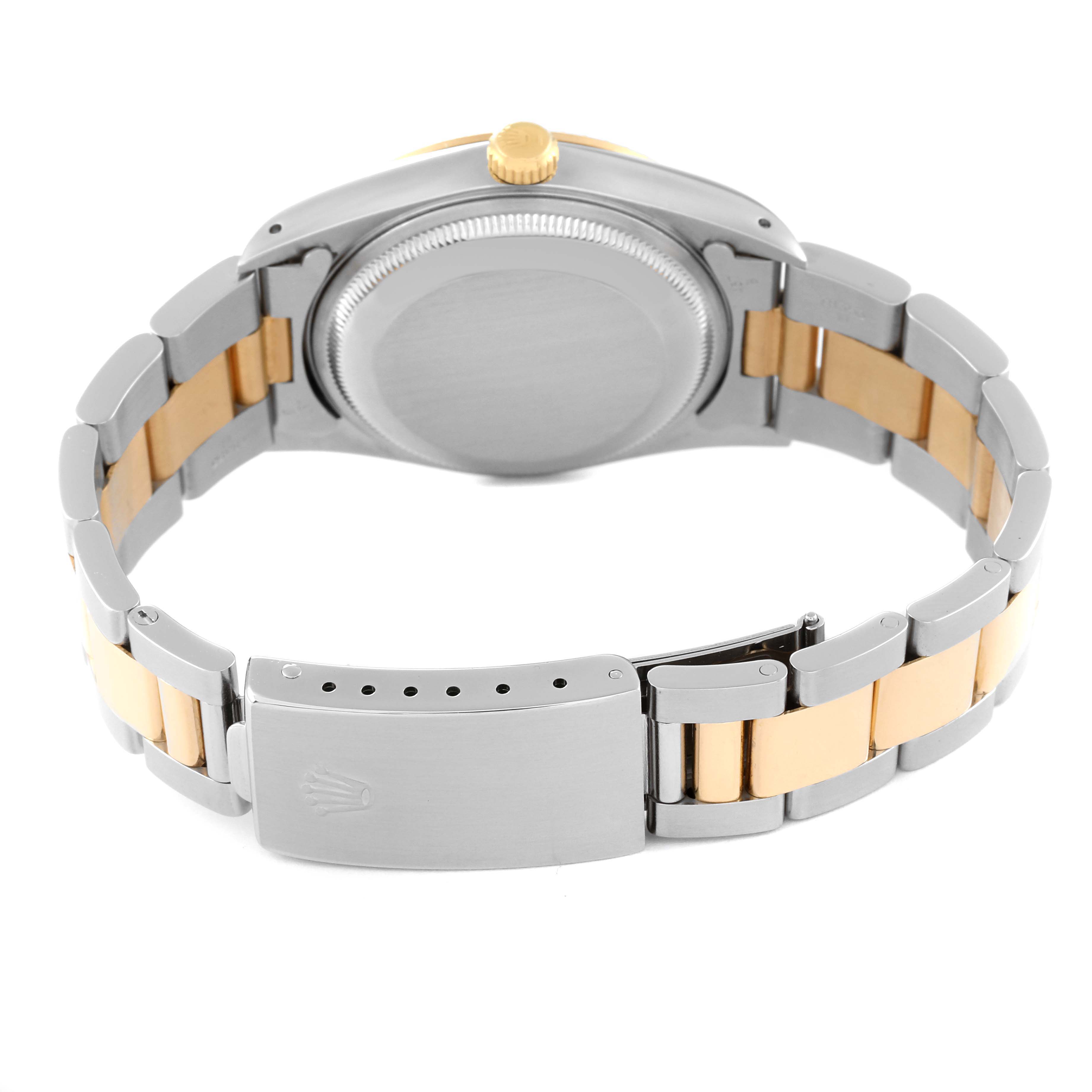 The image shows the back and bracelet clasp of a Rolex Date 15223 Men's Steel and Gold (two tone) White Dial 15223 Men's Steel and Gold (two tone) White Dial model watch, highlighting its two-tone design.