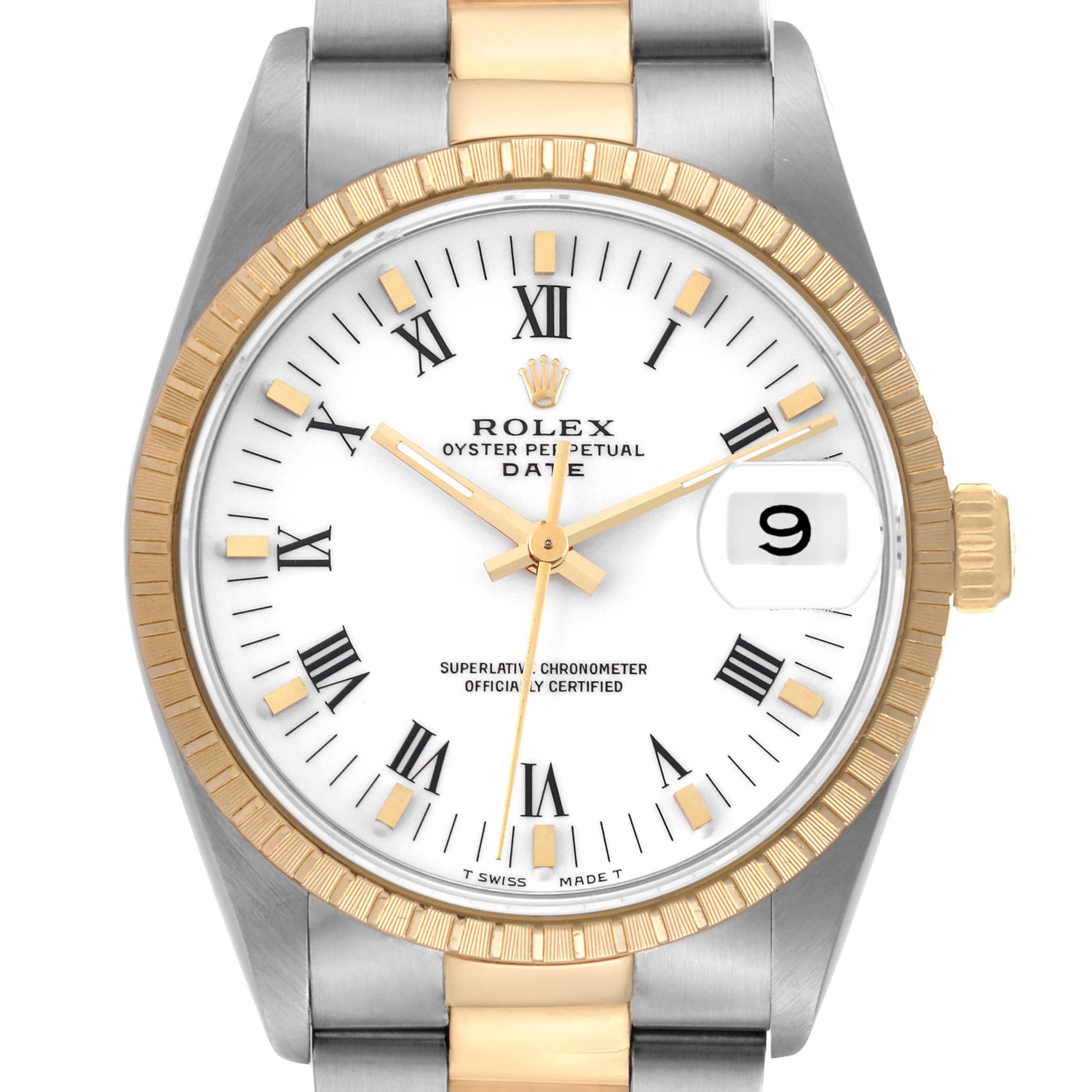 This is a frontal view of the Rolex Oyster Perpetual Date watch showing the face, bezel, crown, and part of the bracelet.