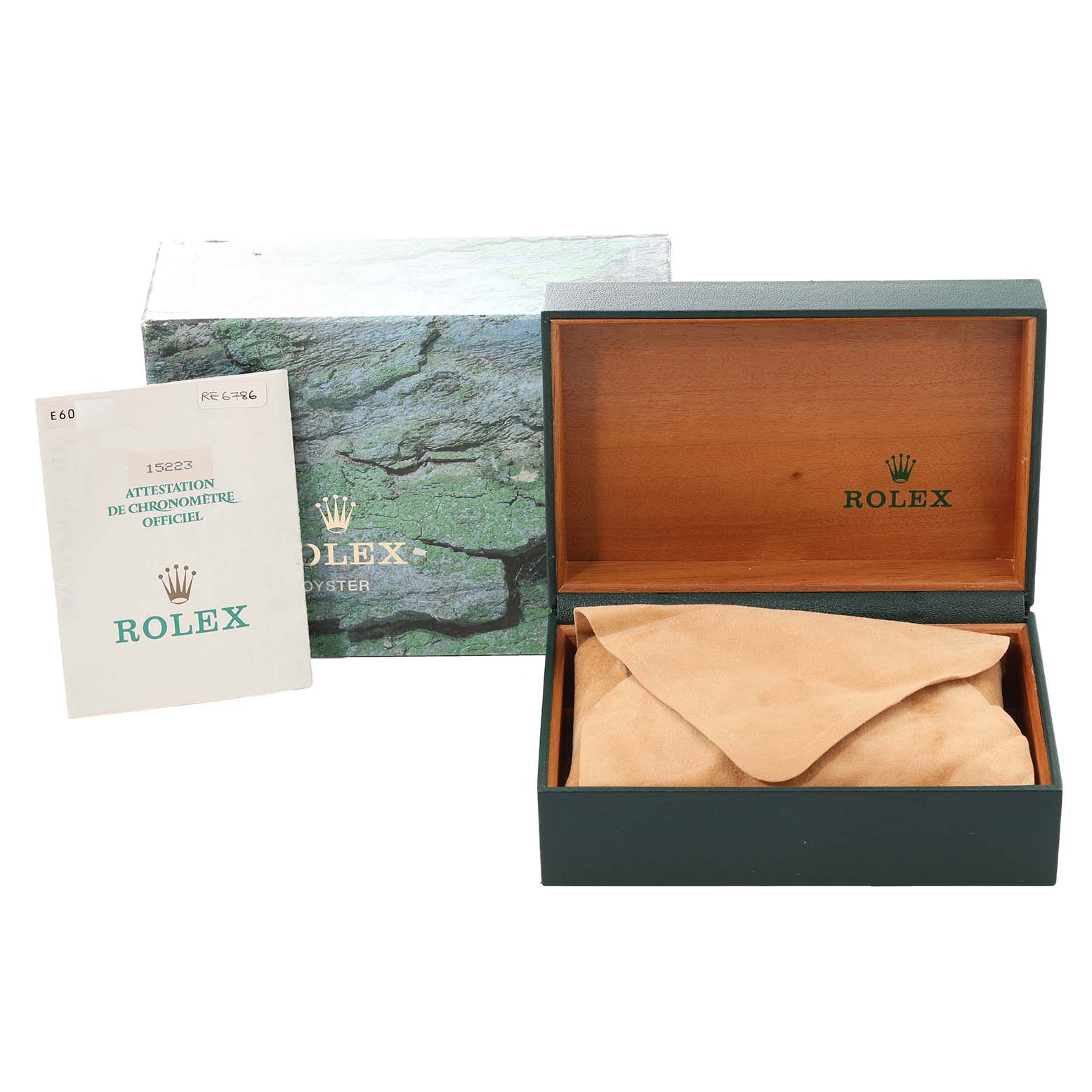 The image shows the Rolex Date 15223 Men's Steel and Gold (two tone) White Dial 15223 Men's Steel and Gold (two tone) White Dial model box, a certificate, and a suede pouch, viewed from an elevated angle.