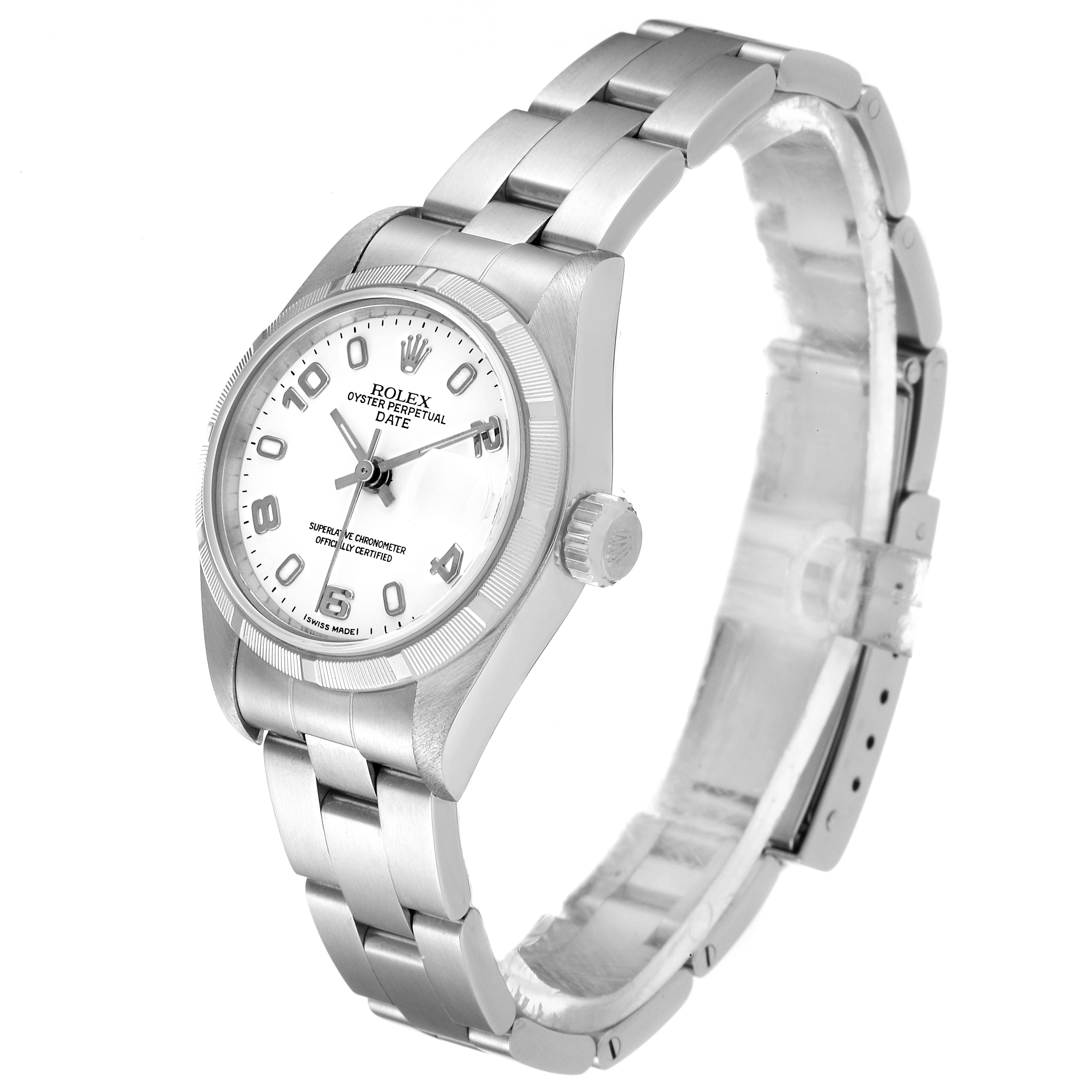 This image displays a Rolex Date 79190 Women's Stainless Steel White Dial 79190 Women's Stainless Steel White Dial model watch at a three-quarter angle, showing the face, case, bracelet, and crown.