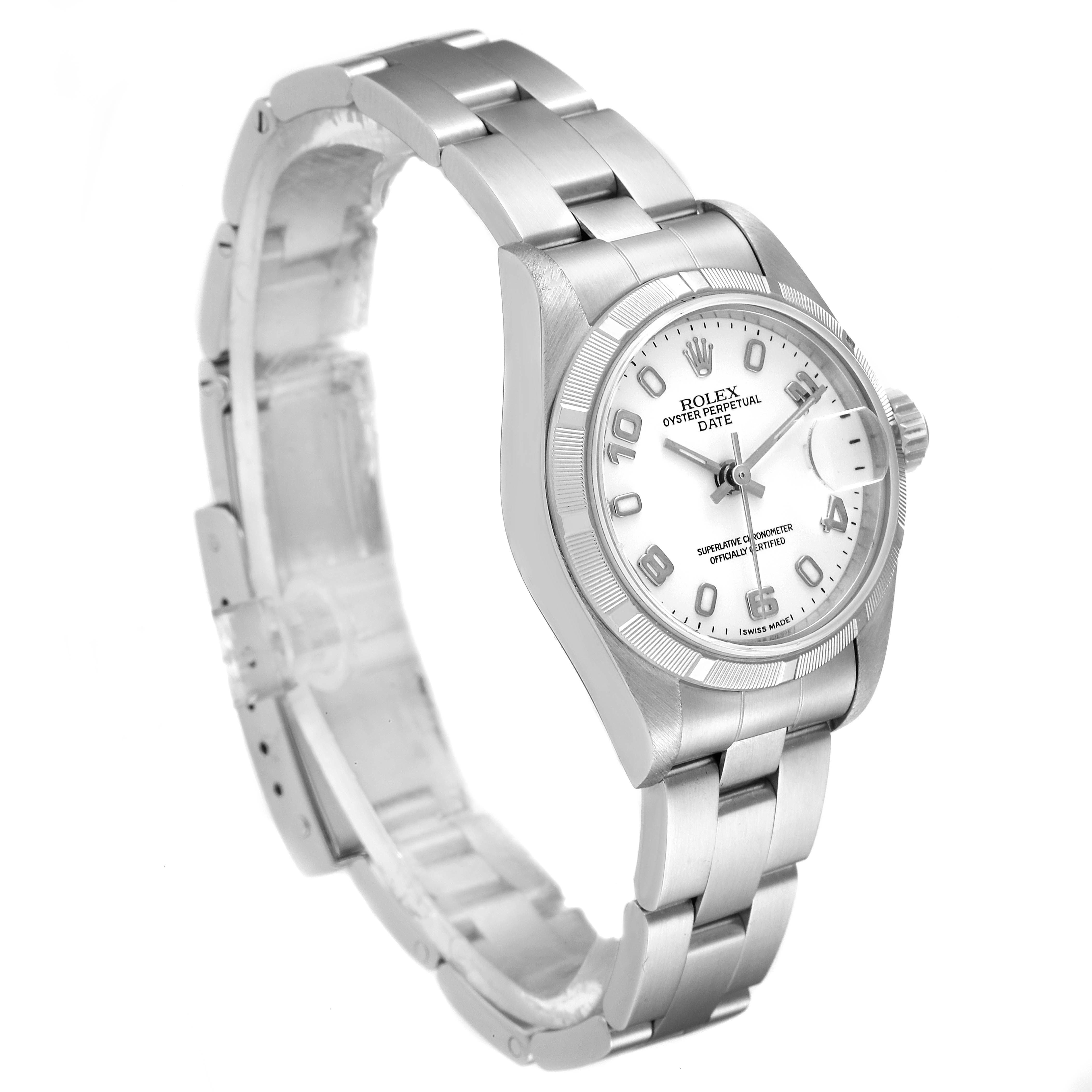 The image shows a Rolex Date 79190 Women's Stainless Steel White Dial 79190 Women's Stainless Steel White Dial model watch angled to display its dial, bezel, and the full bracelet.
