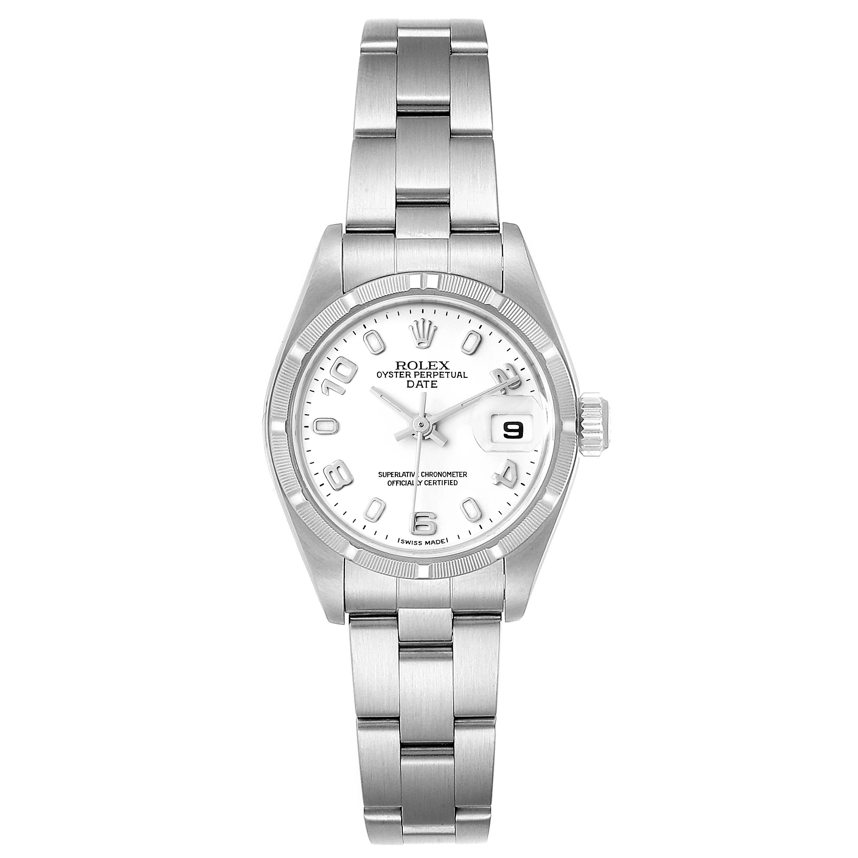 The image shows a front view of a Rolex Date 79190 Women's Stainless Steel White Dial 79190 Women's Stainless Steel White Dial model watch with the dial, bezel, and bracelet visible.