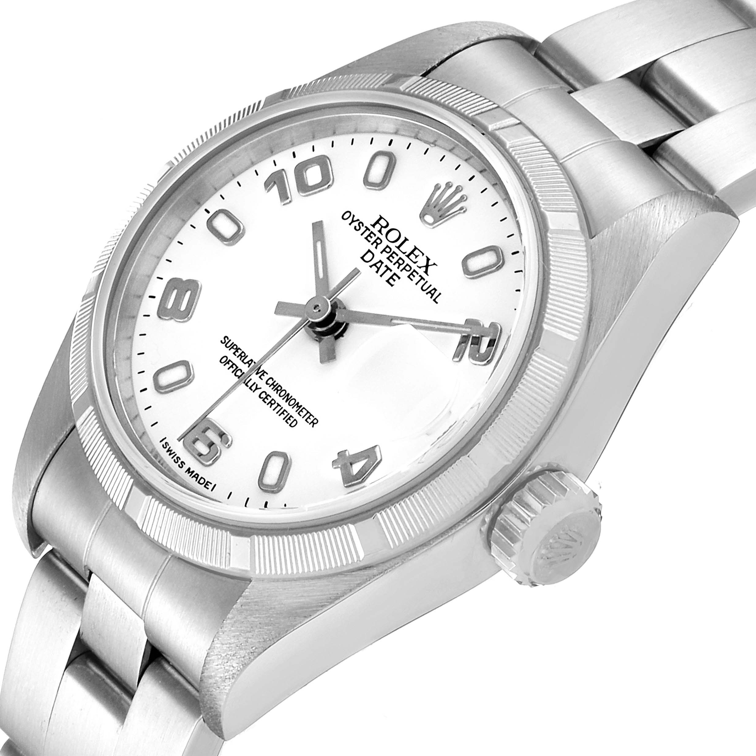 The image shows a close-up angle of the Rolex Date 79190 Women's Stainless Steel White Dial 79190 Women's Stainless Steel White Dial model watch, highlighting its dial, bezel, crown, and bracelet.