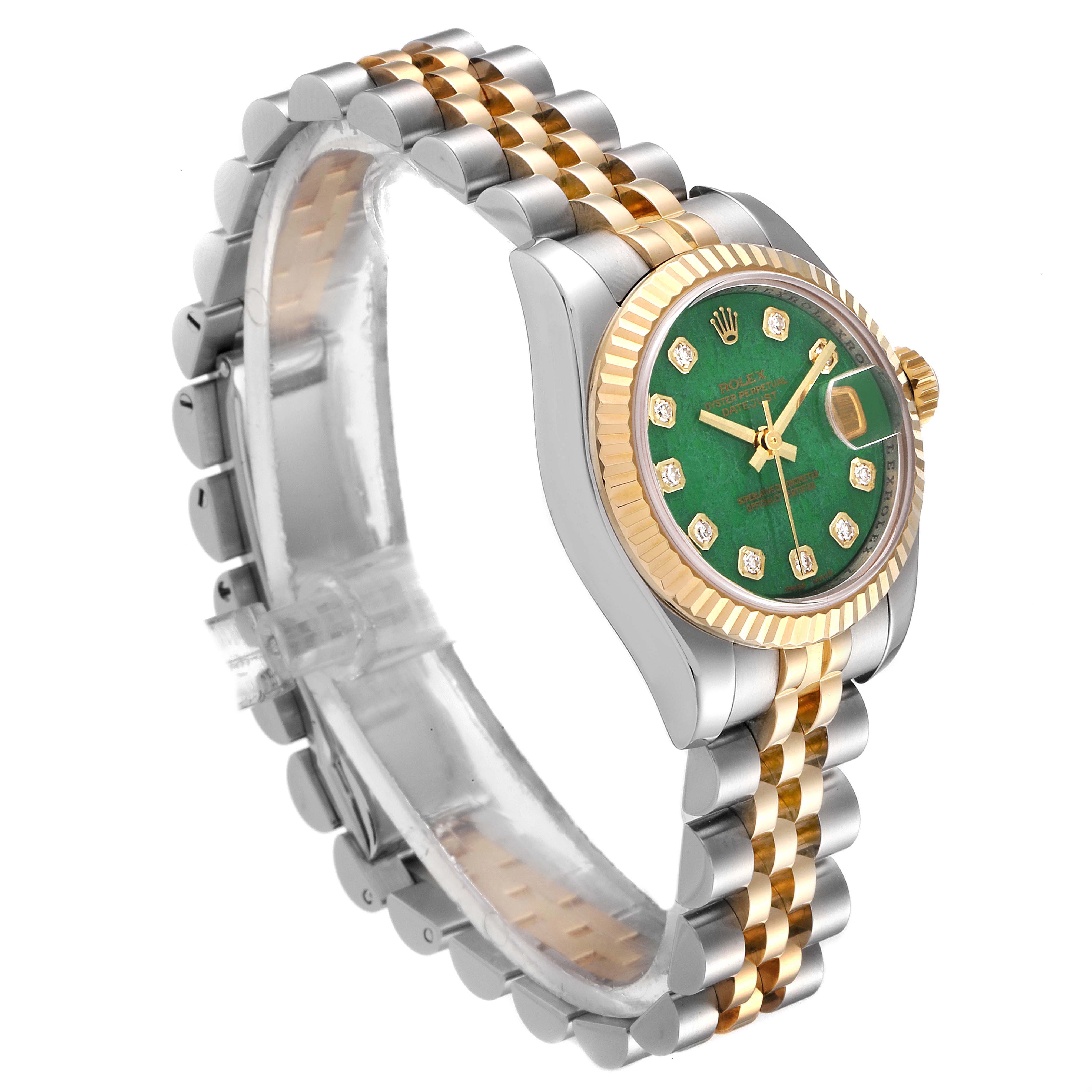 This image shows a Rolex Datejust 179173 Women's Steel and Gold (two tone) Green Dial 179173 Women's Steel and Gold (two tone) Green Dial watch at an angled side view, highlighting its green dial, two-tone bracelet, and fluted bezel.