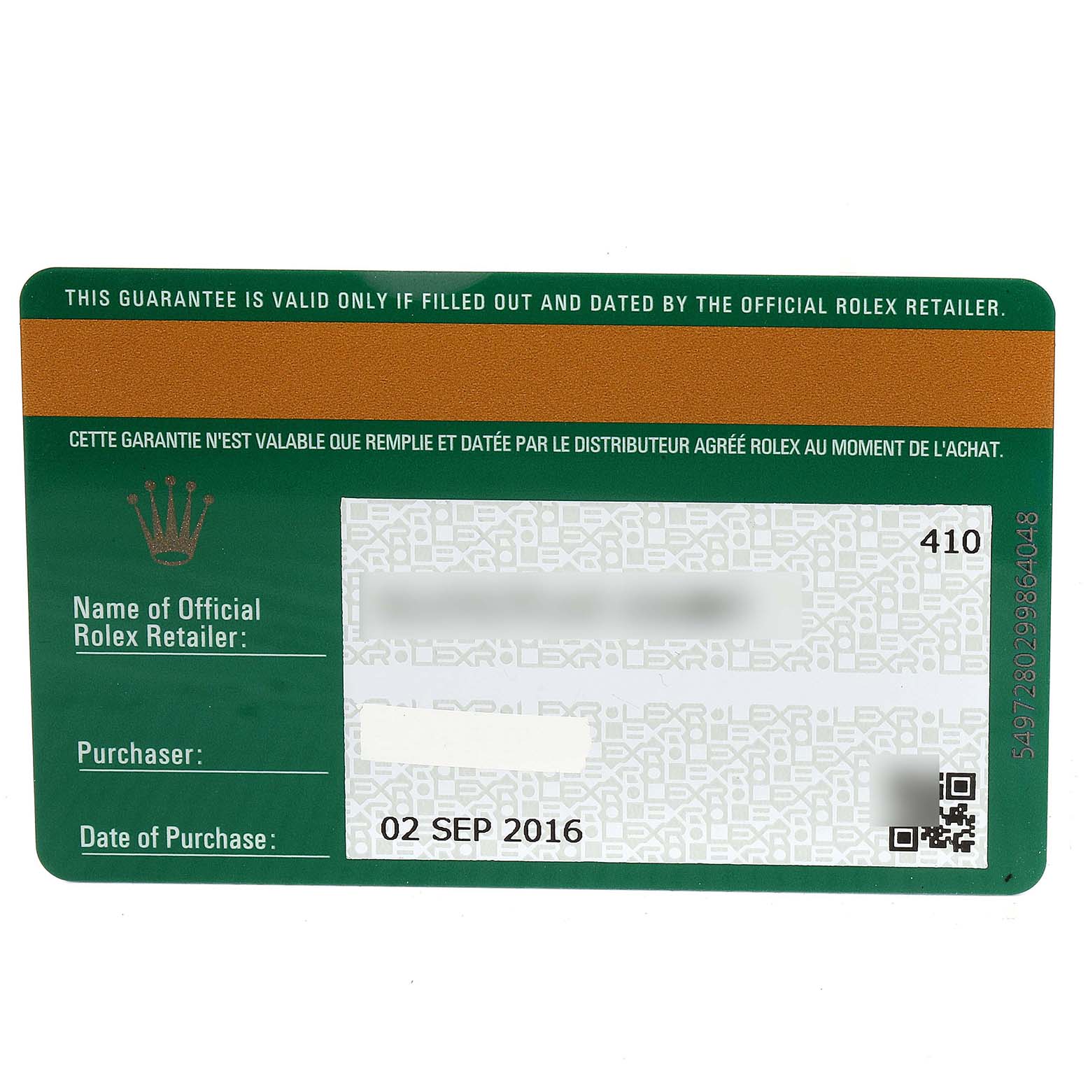 The image shows a warranty card for the Rolex Datejust 179173 Women's Steel and Gold (two tone) Green Dial 179173 Women's Steel and Gold (two tone) Green Dial model purchased on 02 Sep 2016.