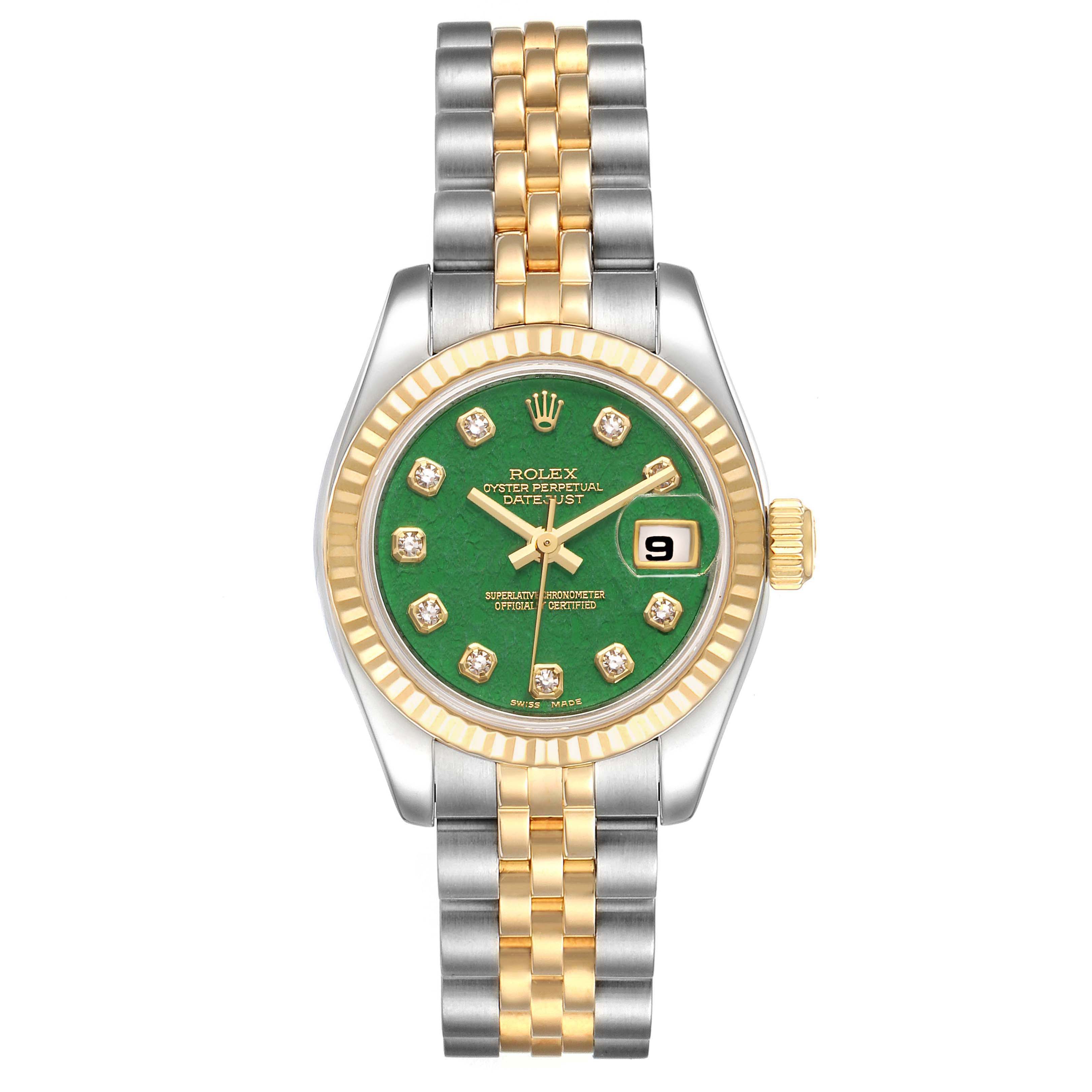 The image shows a Rolex Datejust 179173 Women's Steel and Gold (two tone) Green Dial 179173 Women's Steel and Gold (two tone) Green Dial watch with a green dial, gold accents, and a two-tone Jubilee bracelet from a front angle.