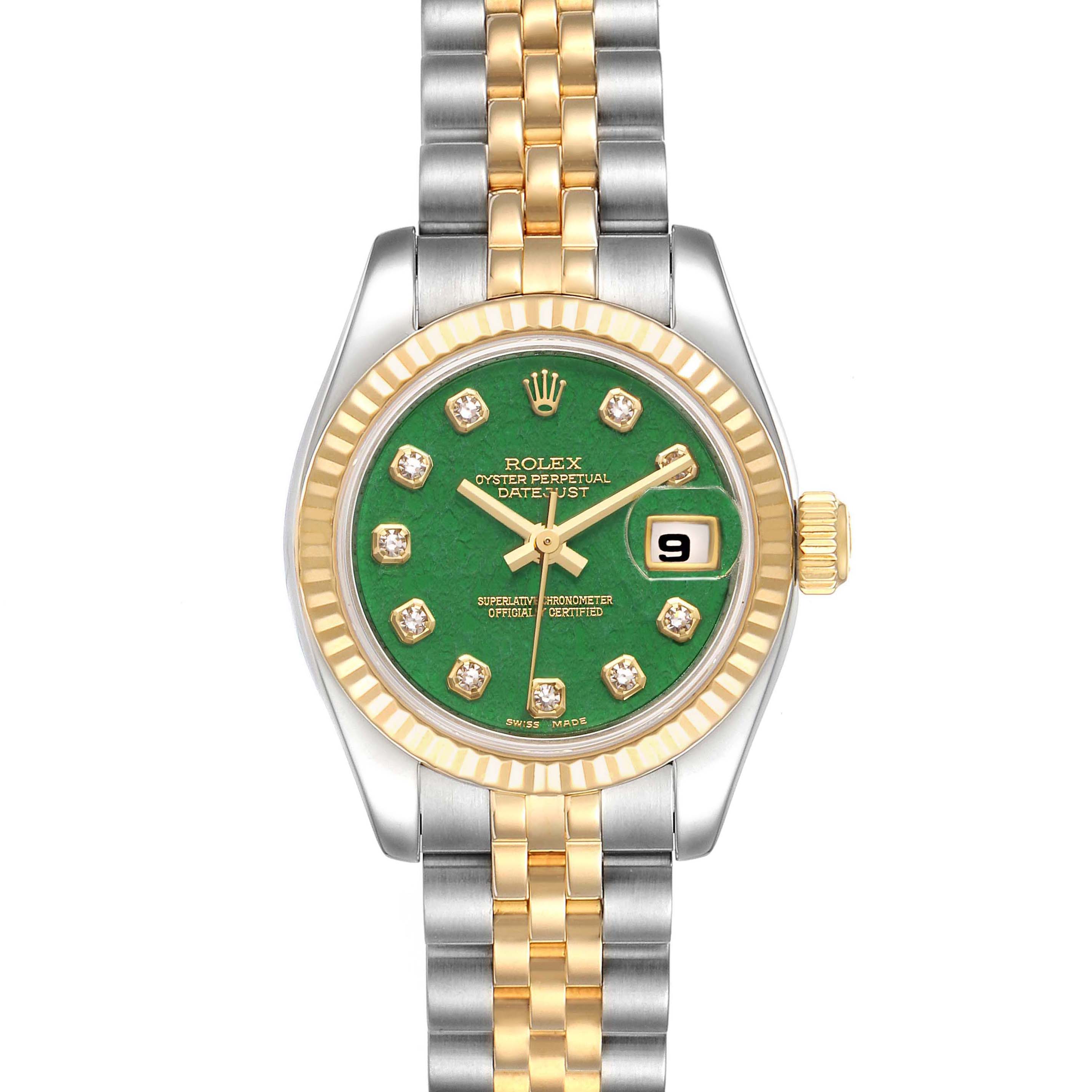 This image shows a Rolex Datejust 179173 Women's Steel and Gold (two tone) Green Dial 179173 Women's Steel and Gold (two tone) Green Dial model from a front angle, featuring the watch face, crown, and bracelet.