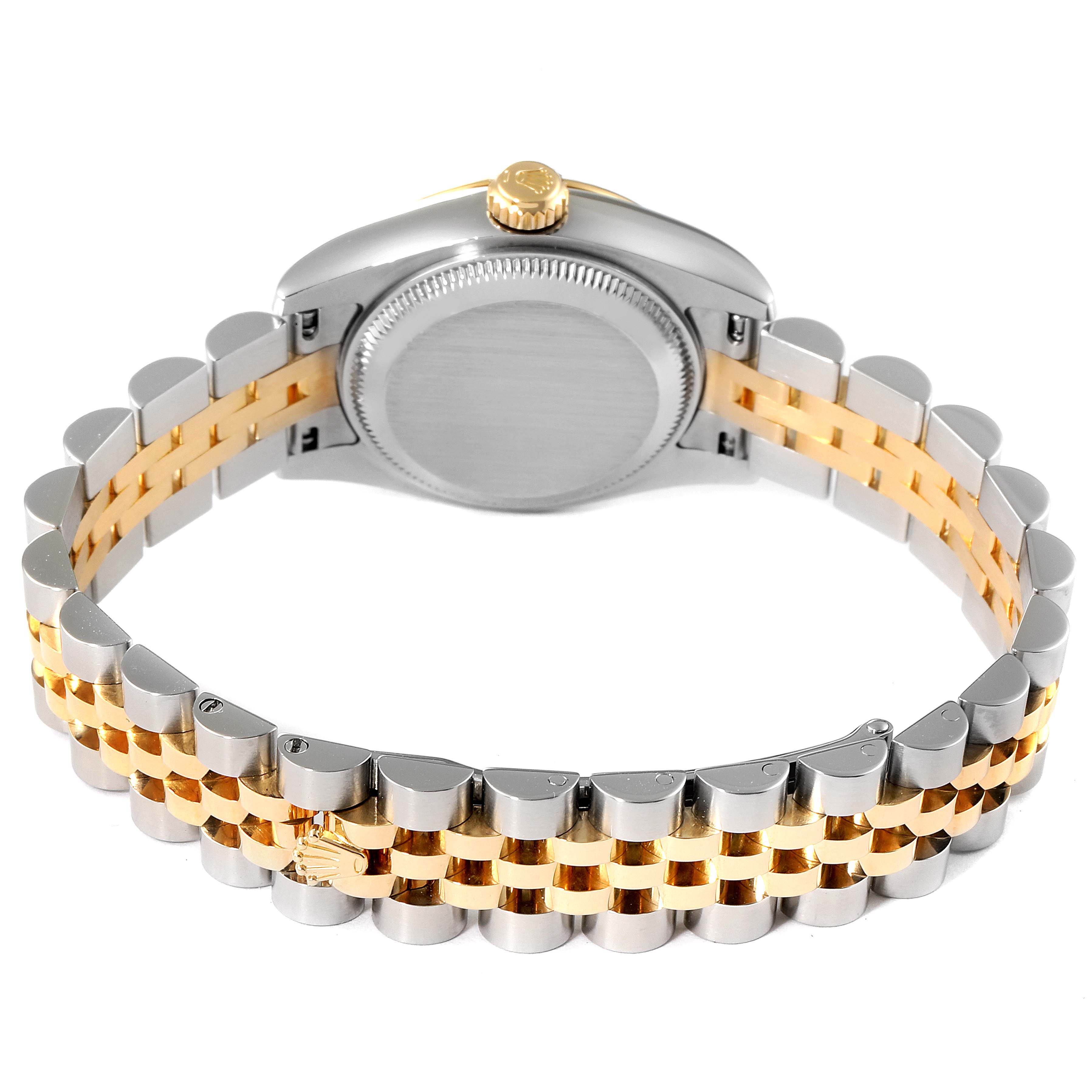 The image shows the back view of a Rolex Datejust 179173 Women's Steel and Gold (two tone) Green Dial 179173 Women's Steel and Gold (two tone) Green Dial watch, highlighting its two-tone bracelet and case back.