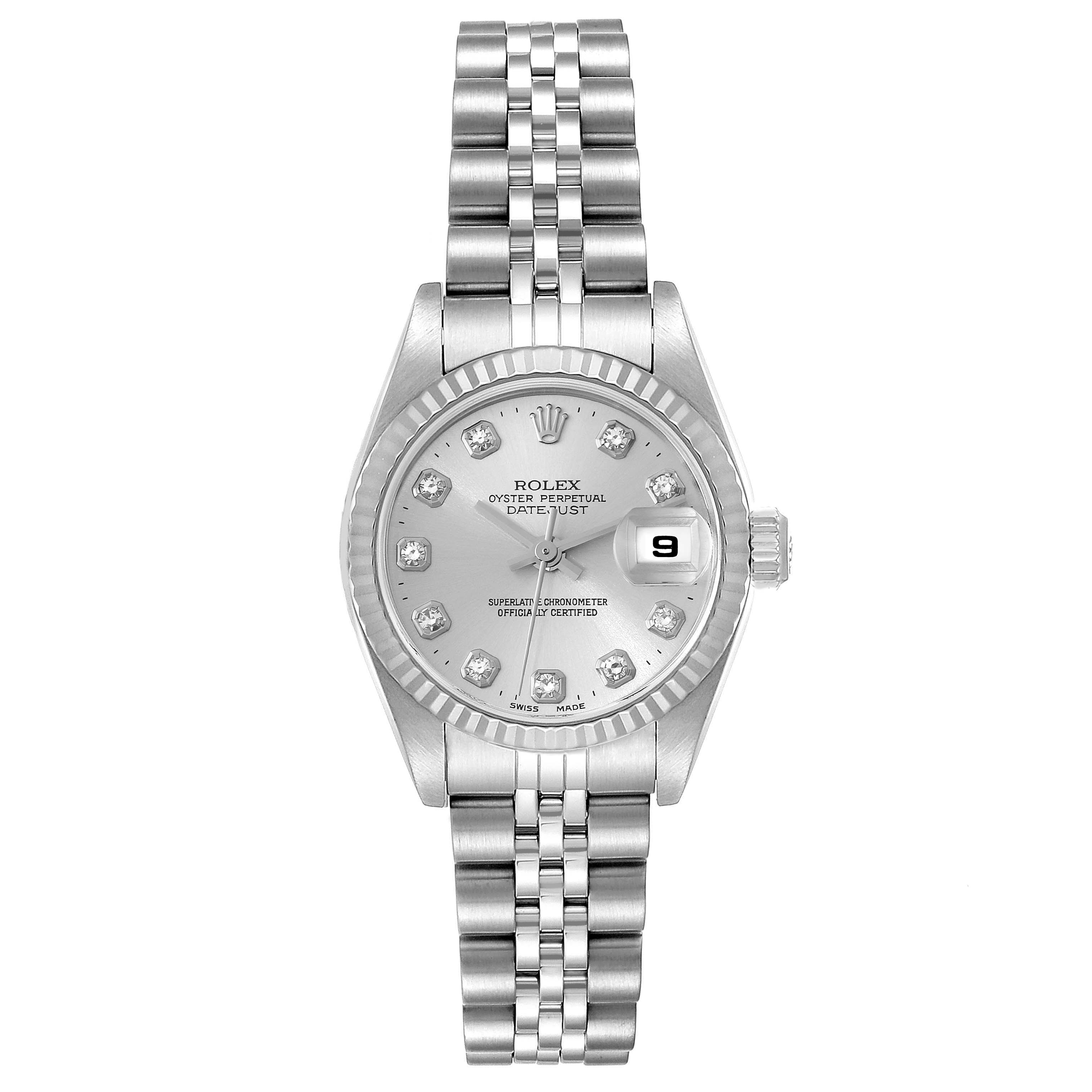 The image shows a Rolex Datejust 79174 Women's Stainless Steel Silver Dial 79174 Women's Stainless Steel Silver Dial watch from a top-down perspective, featuring its bracelet, dial, and date magnifier.