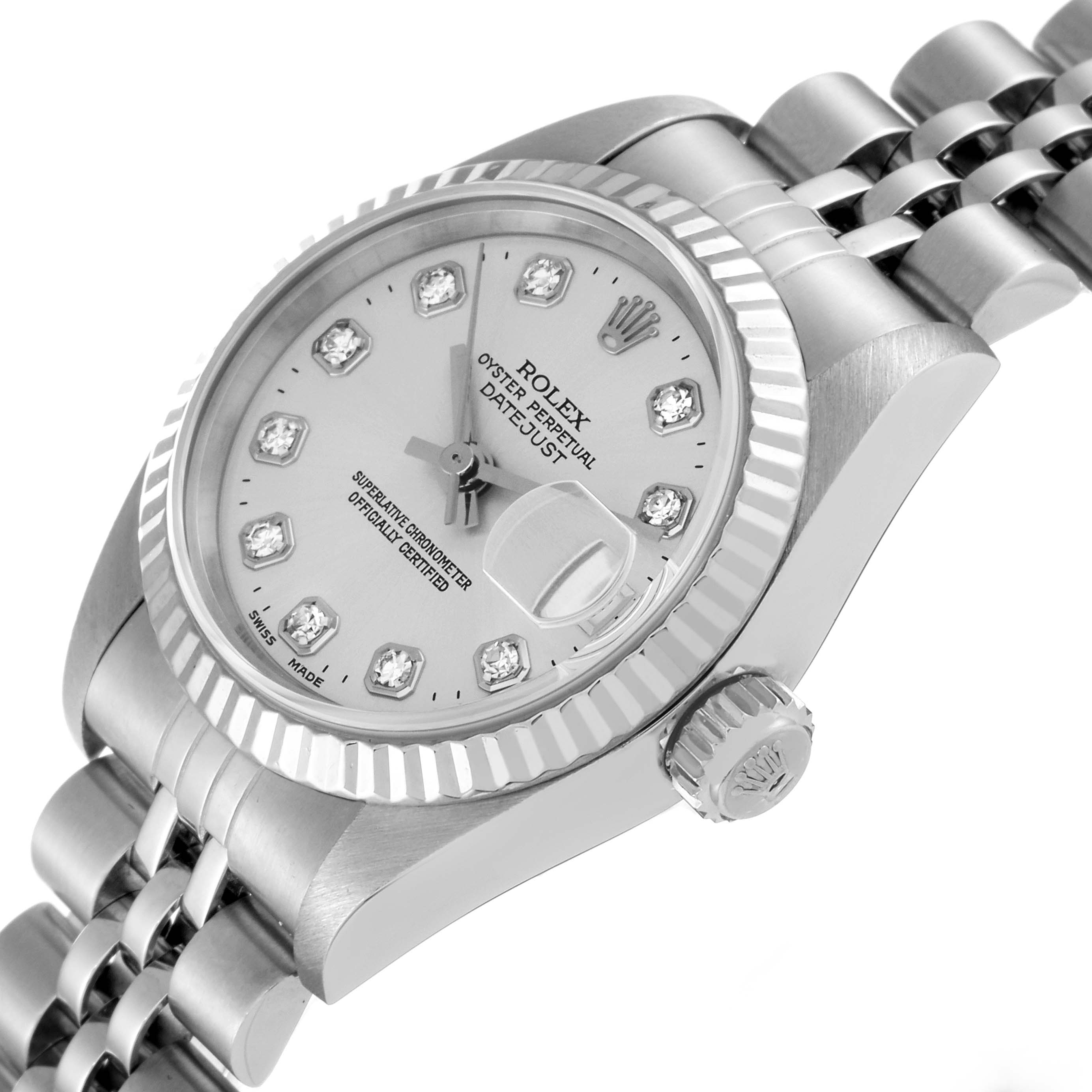 This image shows the face and partial bracelet of a Rolex Datejust 79174 Women's Stainless Steel Silver Dial 79174 Women's Stainless Steel Silver Dial watch, angled slightly from the side.