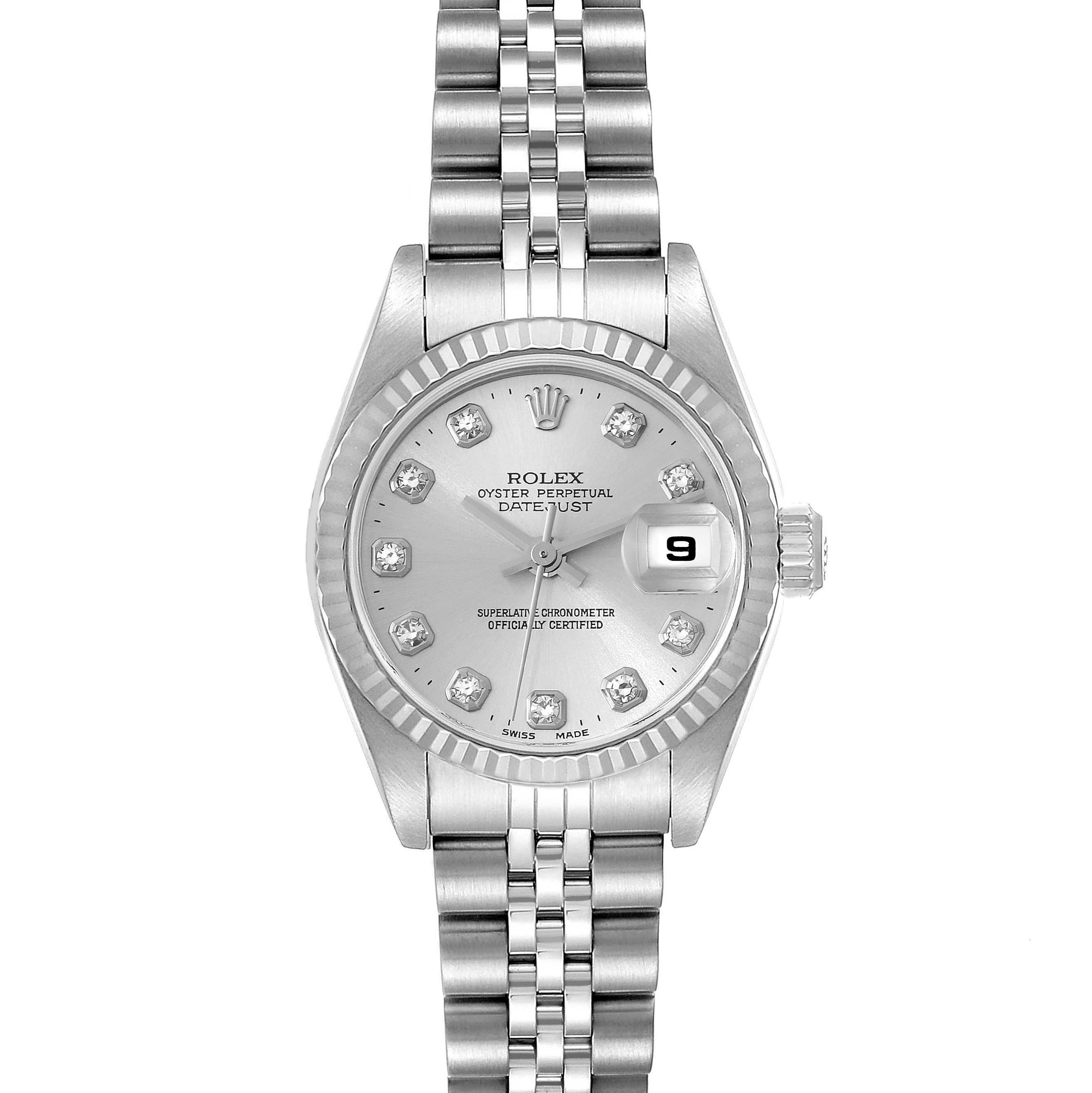 This image shows a Rolex Datejust 79174 Women's Stainless Steel Silver Dial 79174 Women's Stainless Steel Silver Dial watch from a top-down angle, displaying the dial, bezel, and bracelet.