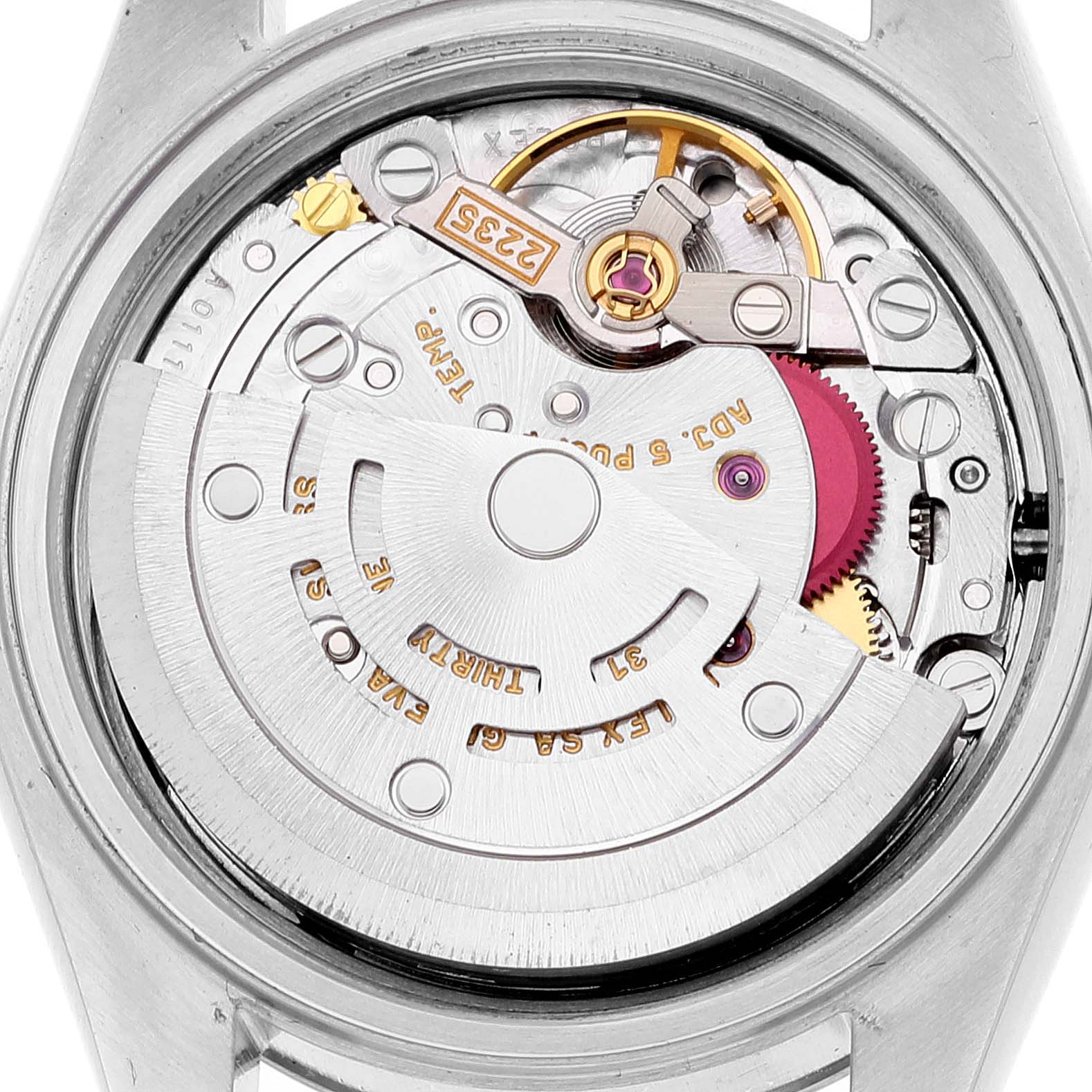 This image shows a close-up view of the movement and internal mechanism of the Rolex Datejust 79174 Women's Stainless Steel Silver Dial 79174 Women's Stainless Steel Silver Dial watch.