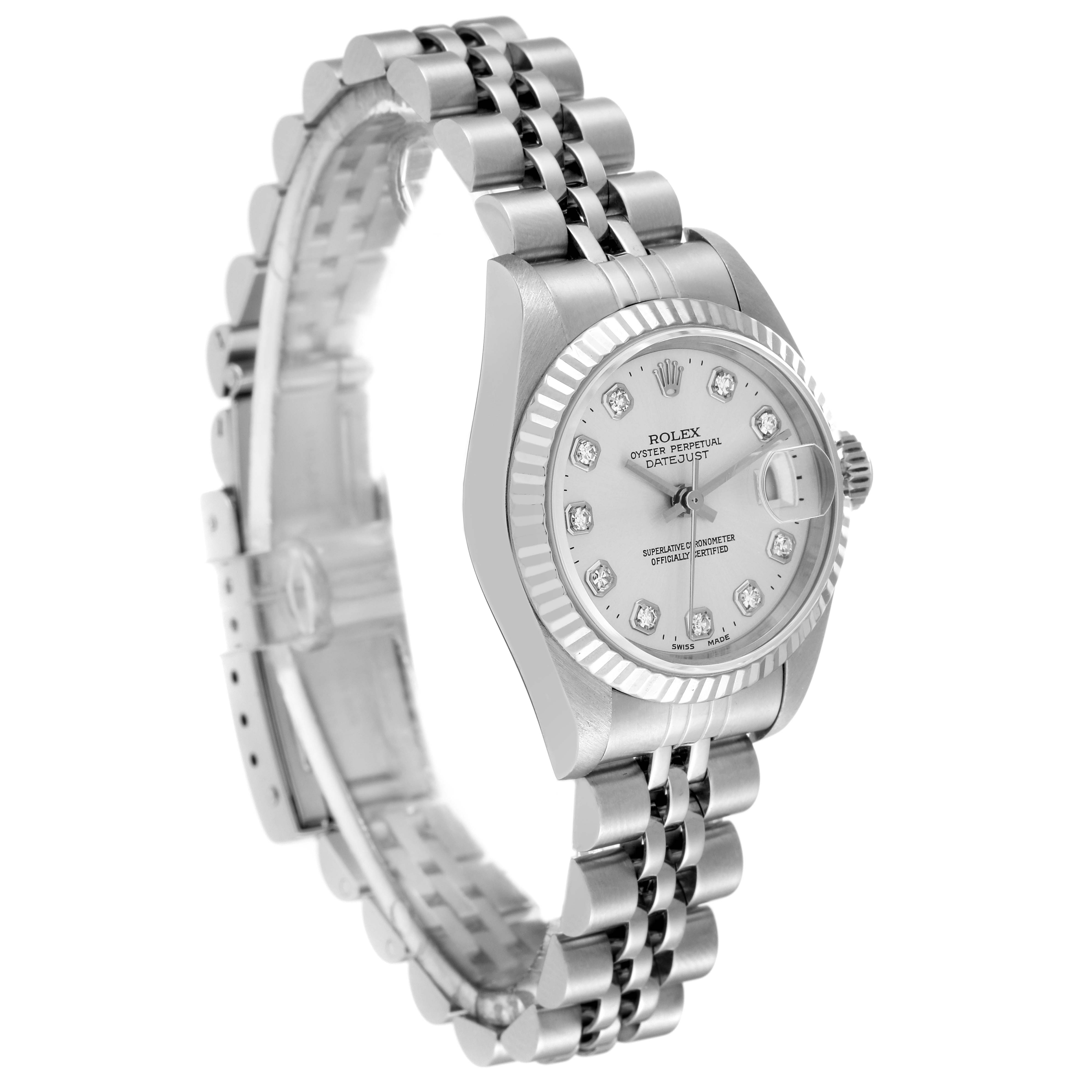 The image shows a side angle of a Rolex Datejust 79174 Women's Stainless Steel Silver Dial 79174 Women's Stainless Steel Silver Dial watch, highlighting the face, bezel, band, and crown.