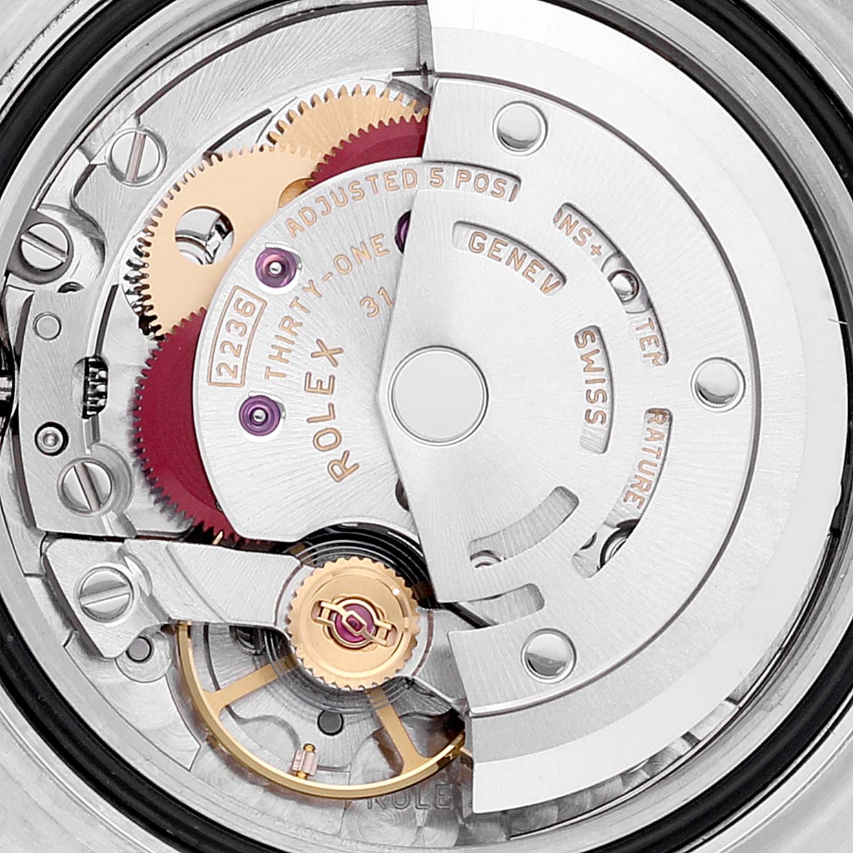 The image shows a close-up view of the movement mechanism of the Rolex Datejust 279171 Women's Steel and Gold (two tone) Pink Dial 279171 Women's Steel and Gold (two tone) Pink Dial watch.