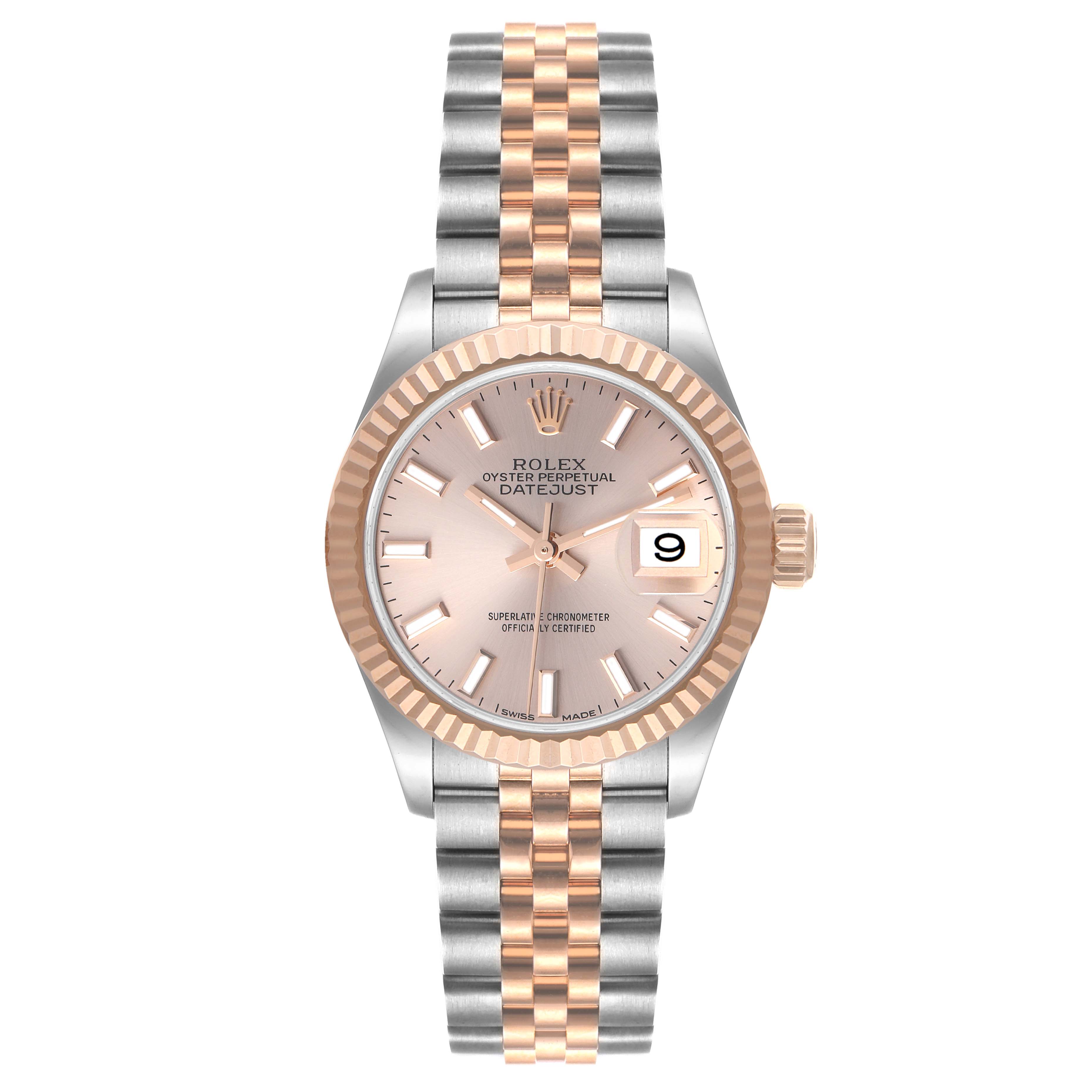 The image shows a frontal view of a Rolex Datejust 279171 Women's Steel and Gold (two tone) Pink Dial 279171 Women's Steel and Gold (two tone) Pink Dial watch, featuring a two-tone bracelet, fluted bezel, and date display.