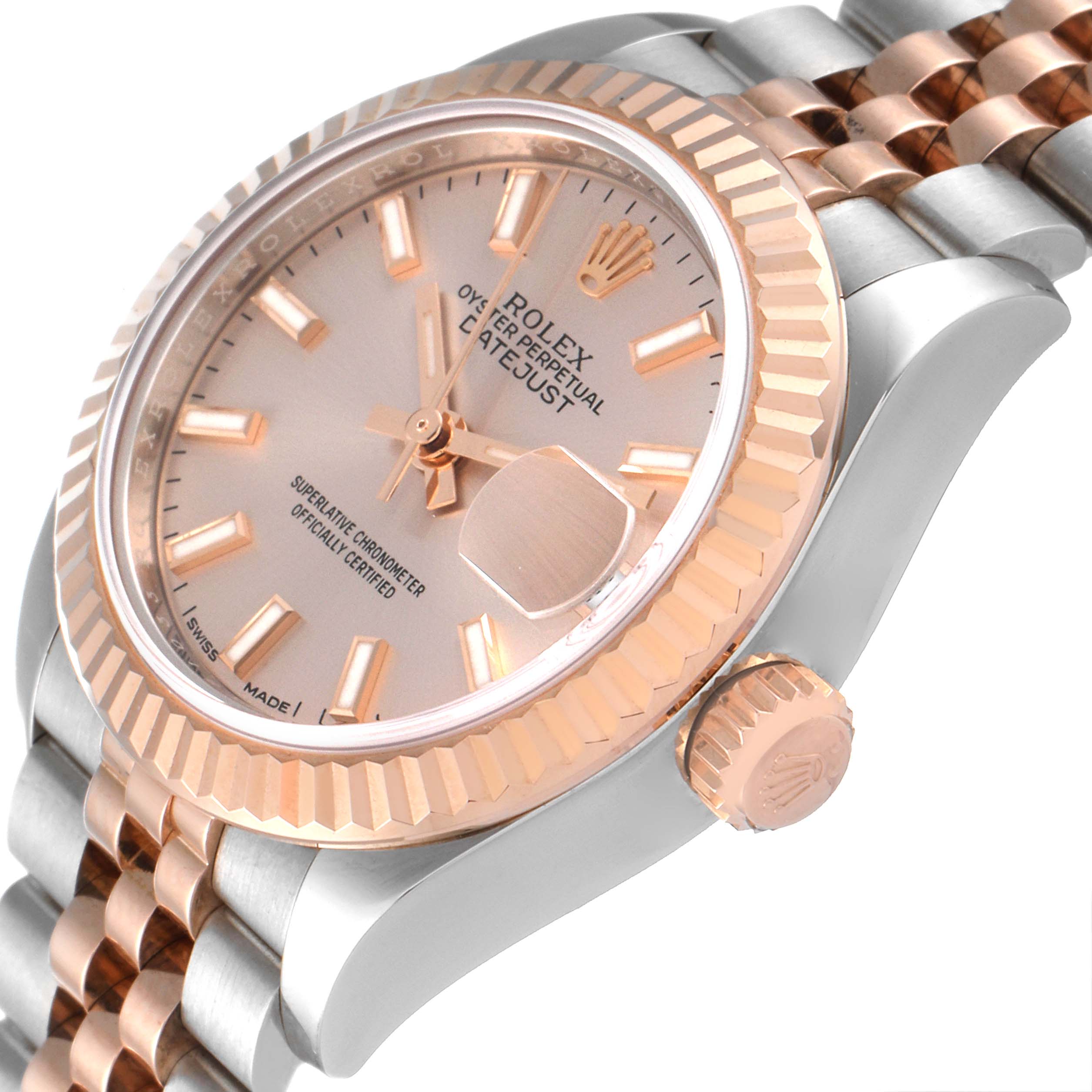This is a close-up angle of the Rolex Datejust 279171 Women's Steel and Gold (two tone) Pink Dial 279171 Women's Steel and Gold (two tone) Pink Dial model showing the dial, fluted bezel, crown, and part of the bracelet.