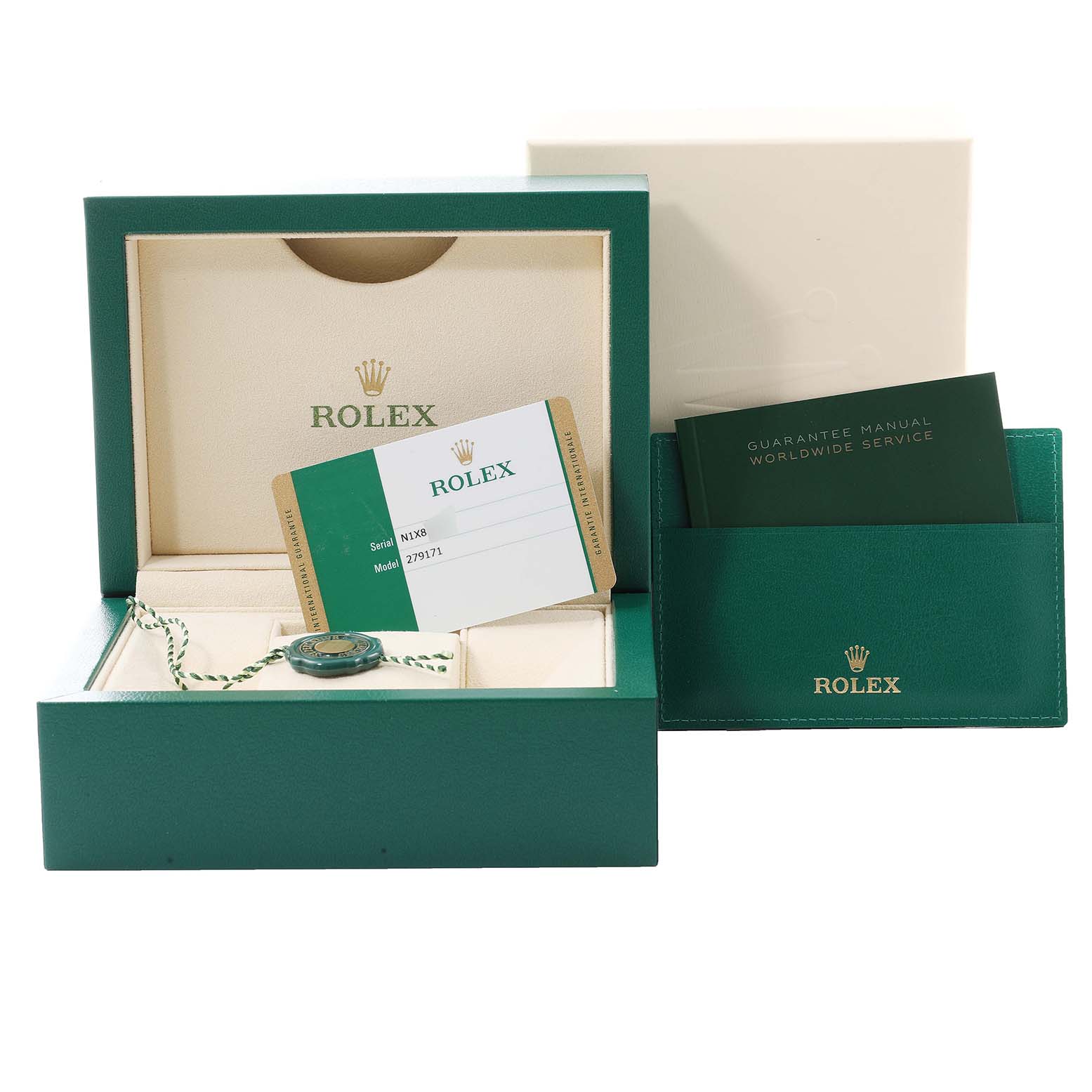 The image shows a Rolex Datejust 279171 Women's Steel and Gold (two tone) Pink Dial 279171 Women's Steel and Gold (two tone) Pink Dial watch box and accessories including a warranty card, manual, and green tag.