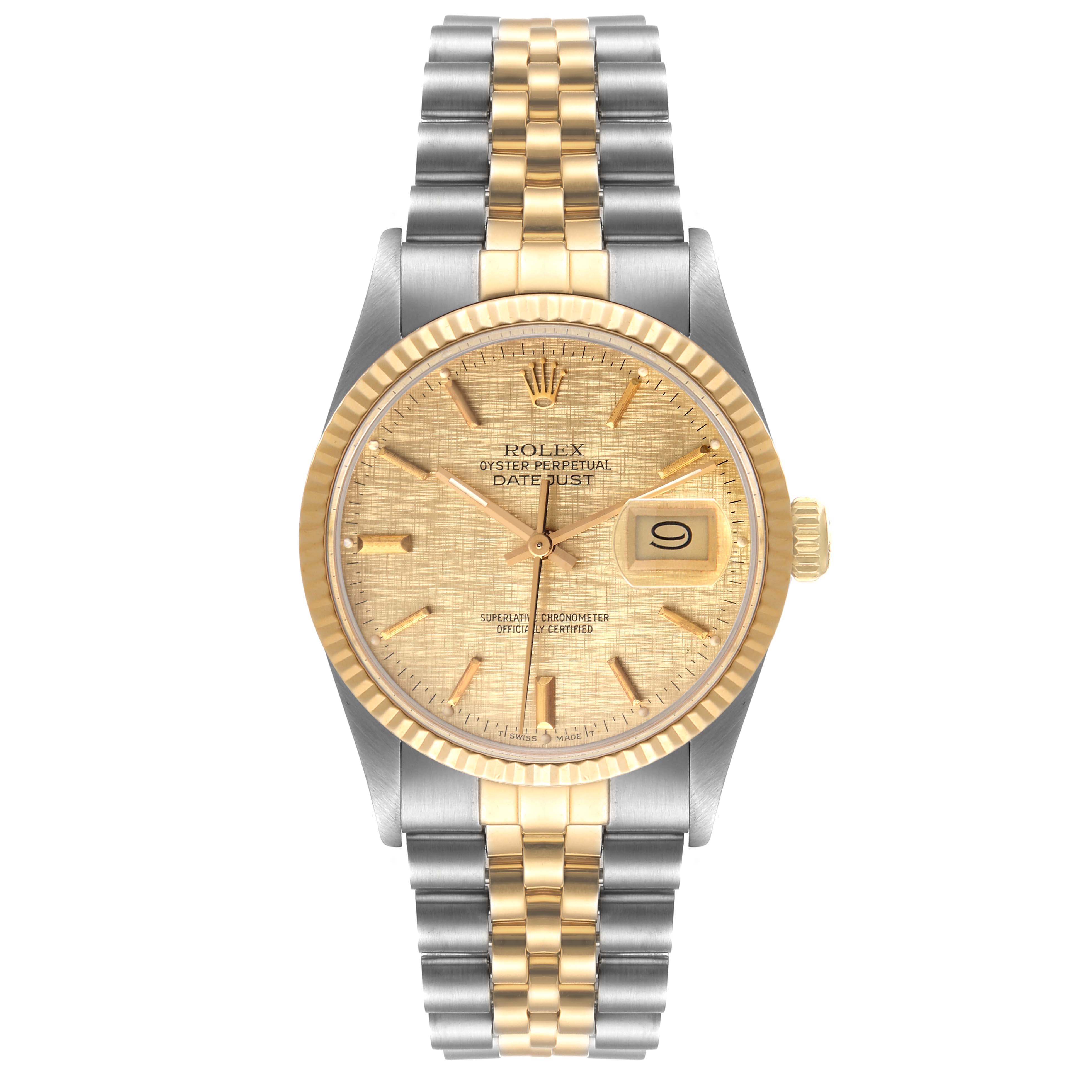 The image shows a front view of a Rolex Datejust 16013 Men
s Steel and Gold (two tone) Champagne Dial 16013 Men
s Steel and Gold (two tone) Champagne Dial watch, featuring a gold and silver two-tone bracelet and a gold dial with a date display.