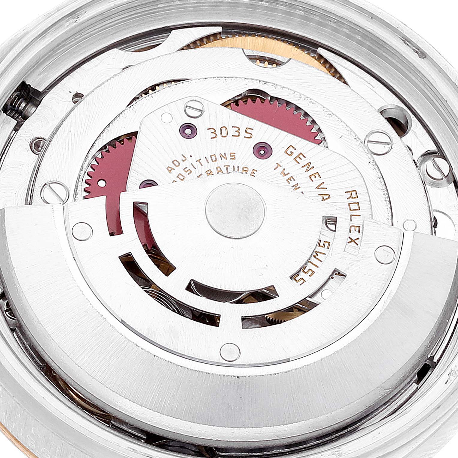 The image shows the internal mechanism of a Rolex Datejust 16013 Men
s Steel and Gold (two tone) Champagne Dial 16013 Men
s Steel and Gold (two tone) Champagne Dial model watch, viewed from a close-up angle.