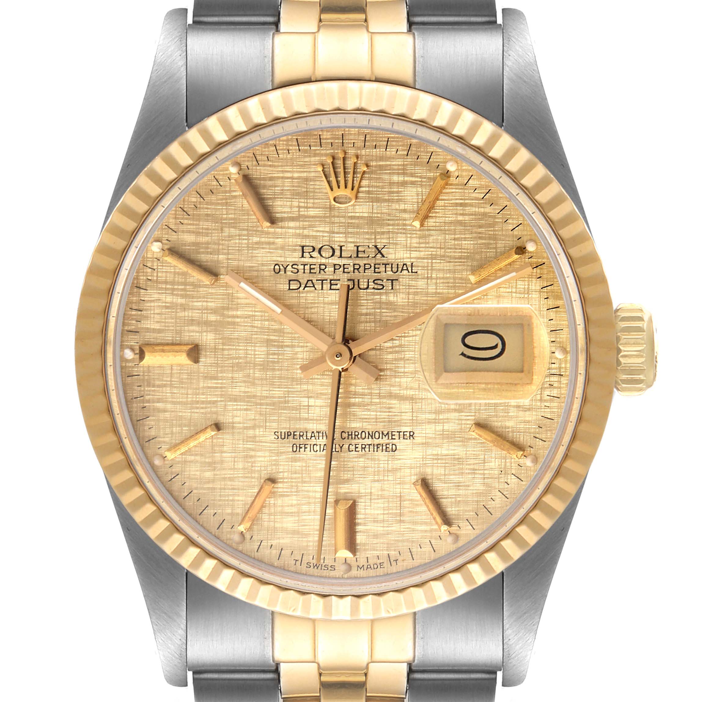 This Rolex Datejust 16013 Men
s Steel and Gold (two tone) Champagne Dial 16013 Men
s Steel and Gold (two tone) Champagne Dial watch is shown from the front, highlighting its gold dial, date window, and two-tone bracelet.