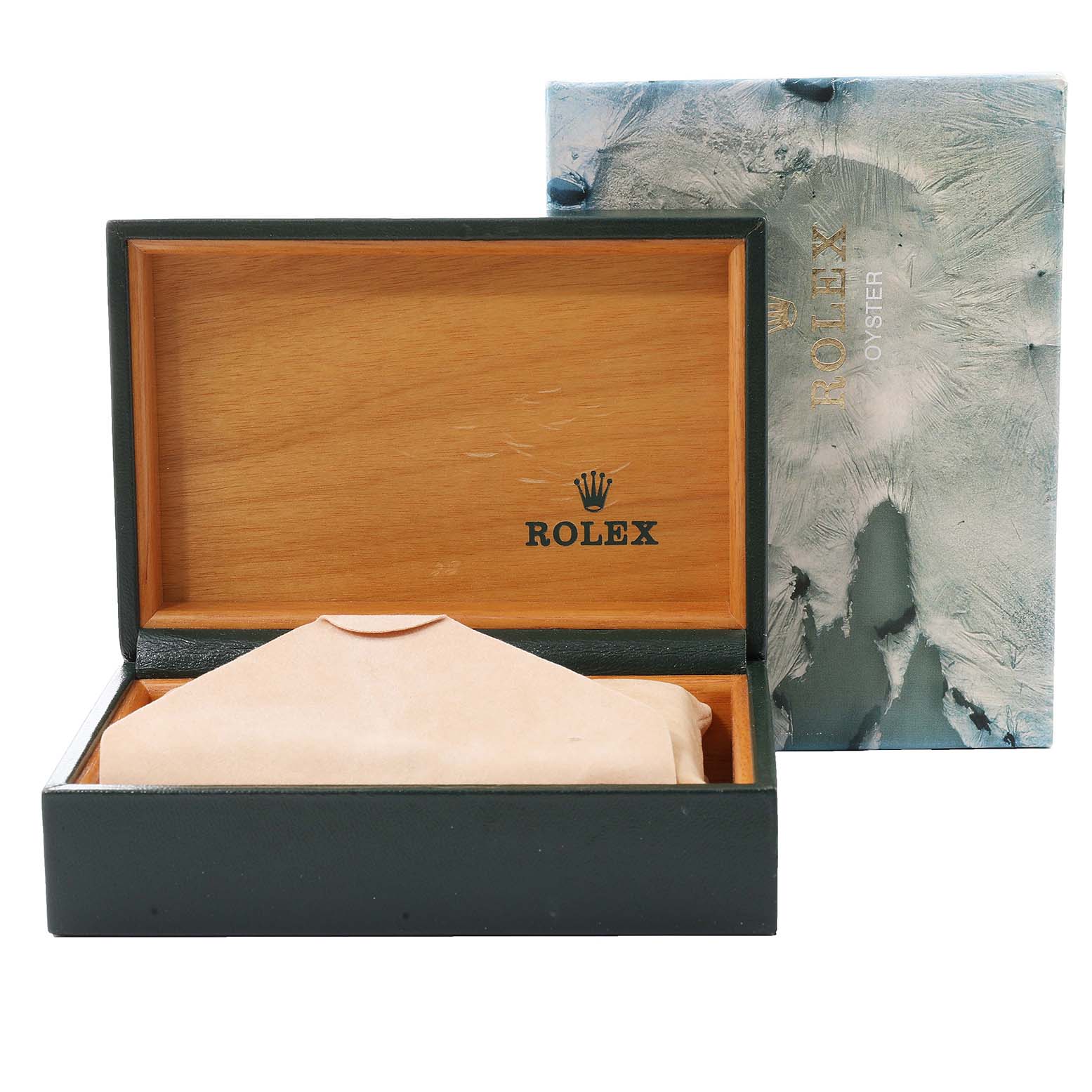 The image shows a Rolex Datejust 16013 Men
s Steel and Gold (two tone) Champagne Dial 16013 Men
s Steel and Gold (two tone) Champagne Dial watch box set with the box opened, revealing the interior and a cloth cover inside.