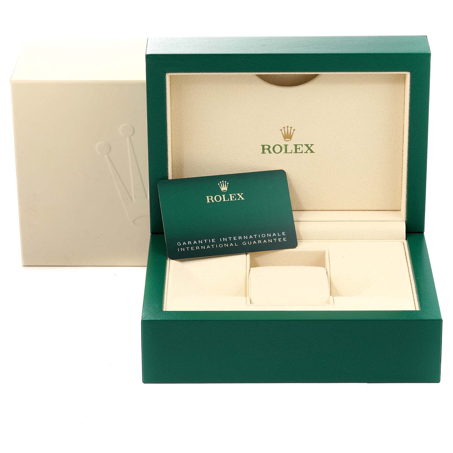 The image shows an open Rolex Datejust 41 126300 Men's Stainless Steel Grey Dial 126300 Men's Stainless Steel Grey Dial watch box with a warranty card inside.