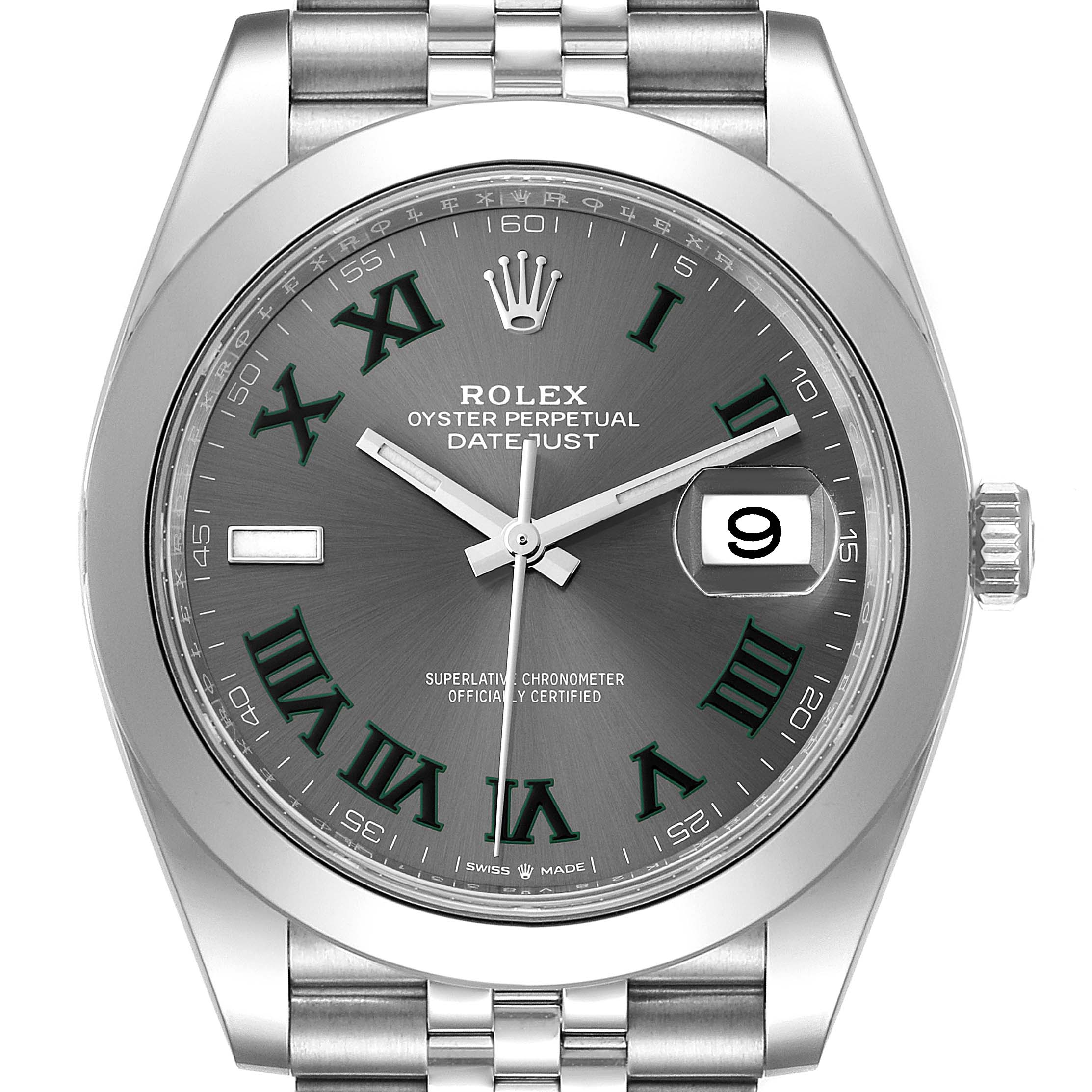 This image shows a front view of a Rolex Datejust 41 126300 Men's Stainless Steel Grey Dial 126300 Men's Stainless Steel Grey Dial watch, highlighting its face, bezel, crown, and part of the bracelet.