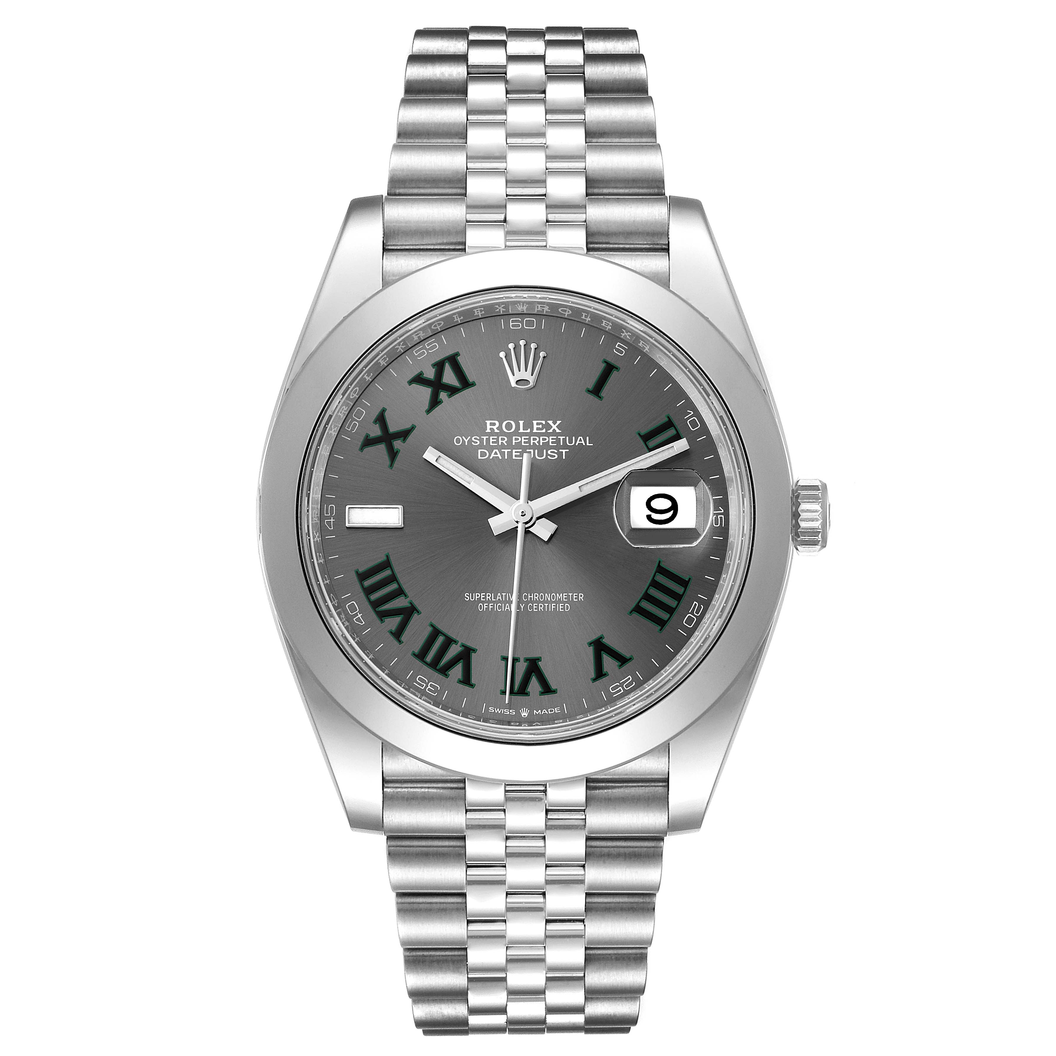 The image shows a front view of the Rolex Datejust 41 126300 Men's Stainless Steel Grey Dial 126300 Men's Stainless Steel Grey Dial watch, highlighting its dial, bezel, and bracelet.
