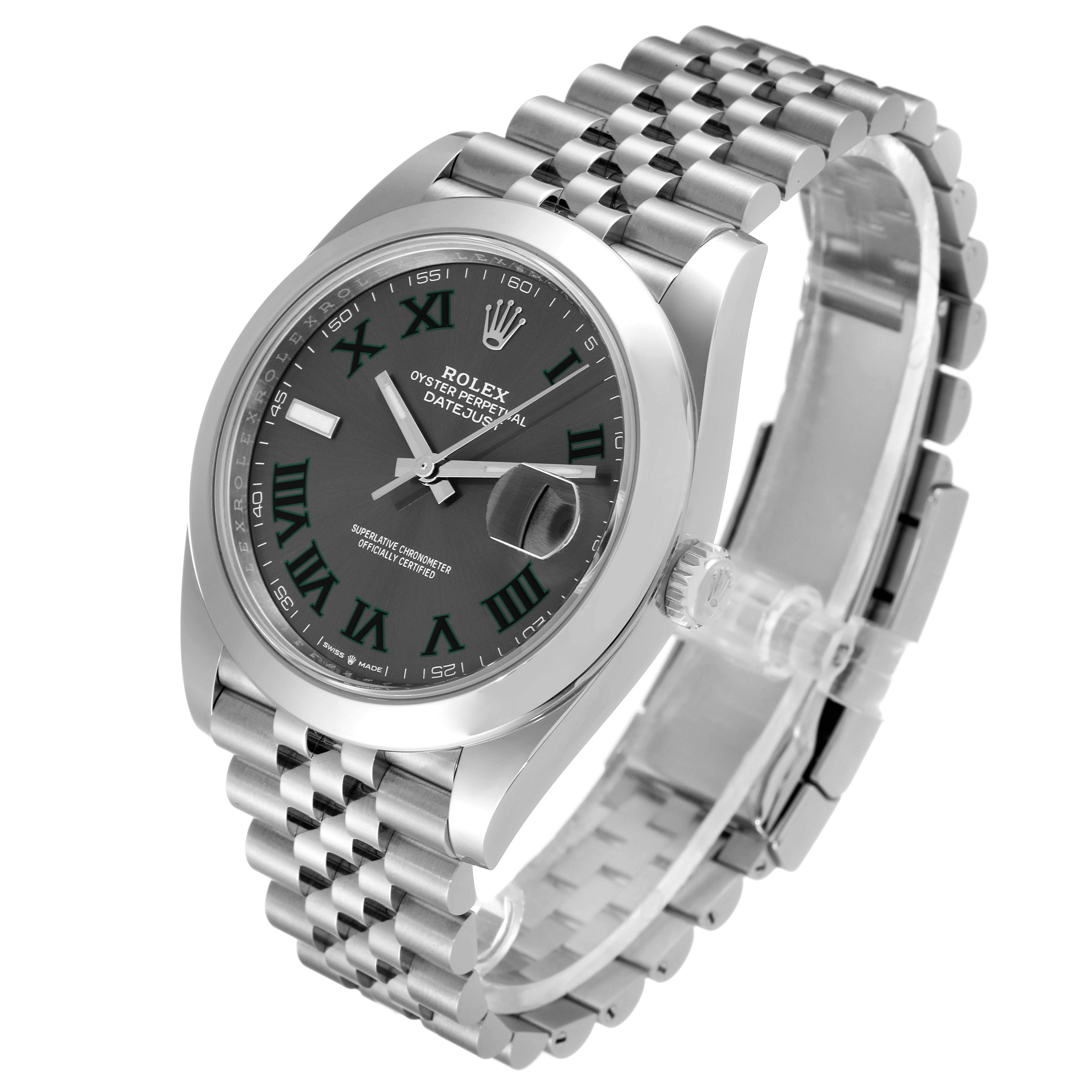 The Rolex Datejust 41 126300 Men's Stainless Steel Grey Dial 126300 Men's Stainless Steel Grey Dial watch is shown from an angled side view featuring the face, bezel, crown, and bracelet.