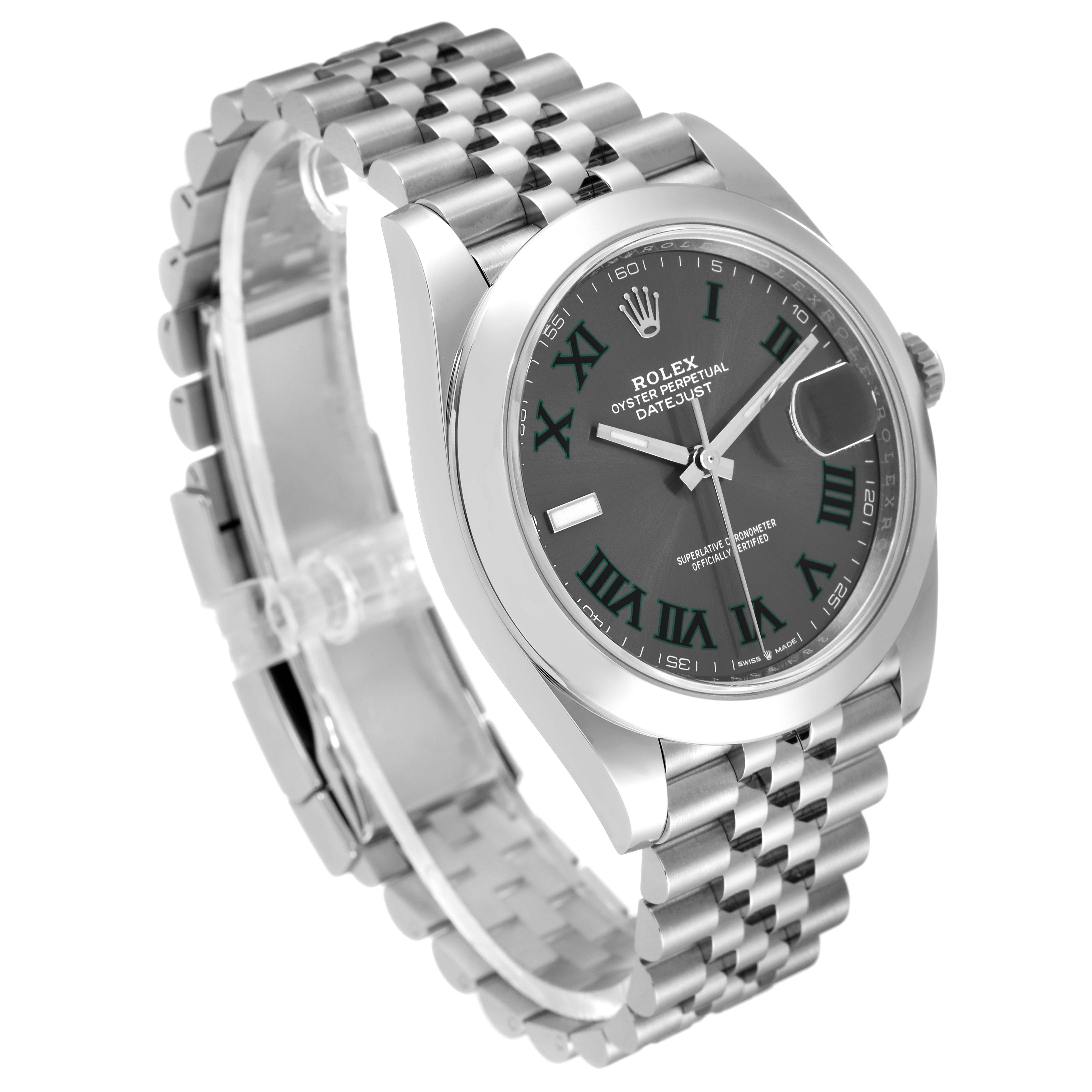 The image shows a Rolex Datejust 41 126300 Men's Stainless Steel Grey Dial 126300 Men's Stainless Steel Grey Dial watch from an angled side view, highlighting the face, bracelet, and partially visible crown.