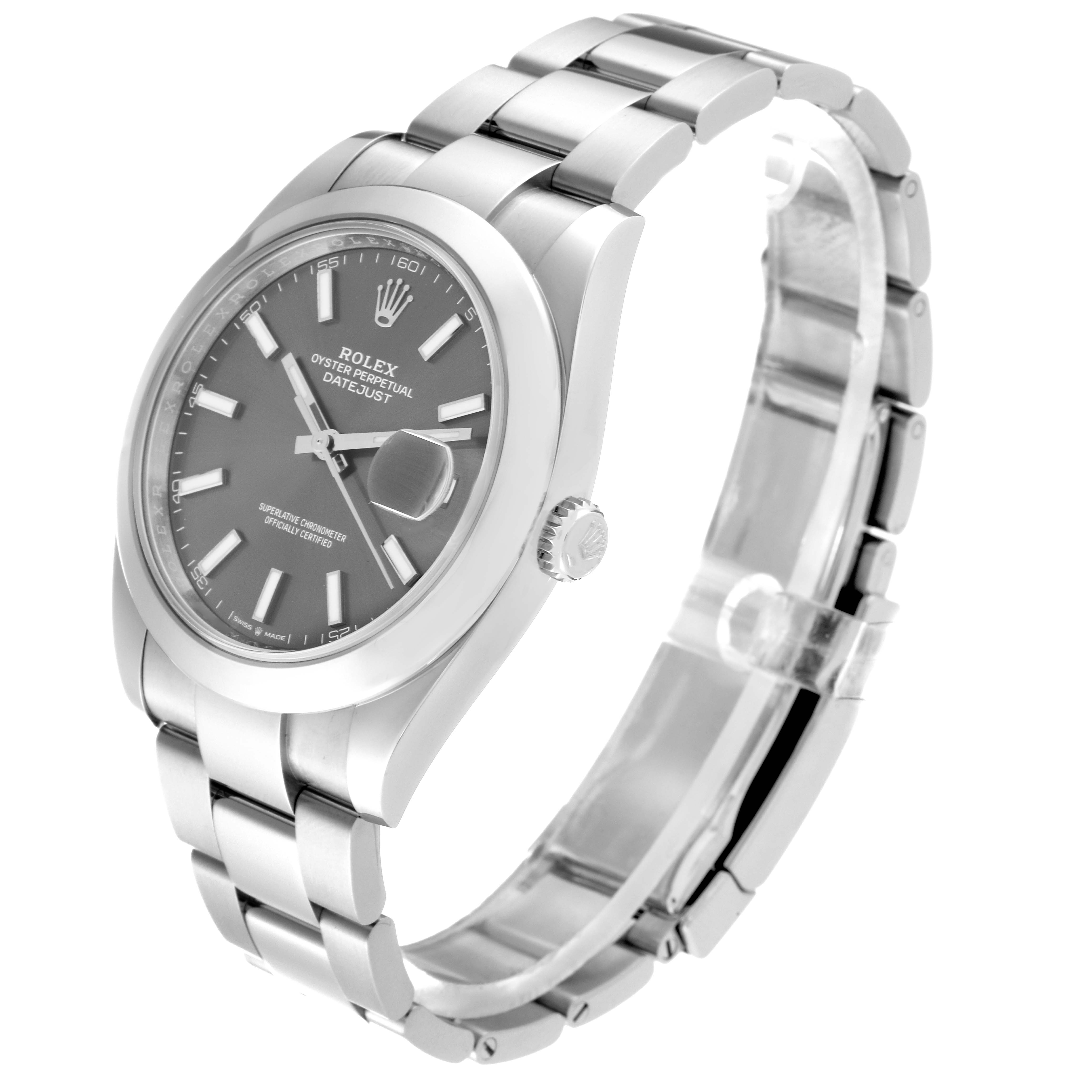 The image shows a side angle of the Rolex Datejust 41 126300 Men
s Stainless Steel Grey Dial 126300 Men
s Stainless Steel Grey Dial watch, highlighting its dial, bezel, crown, and bracelet.