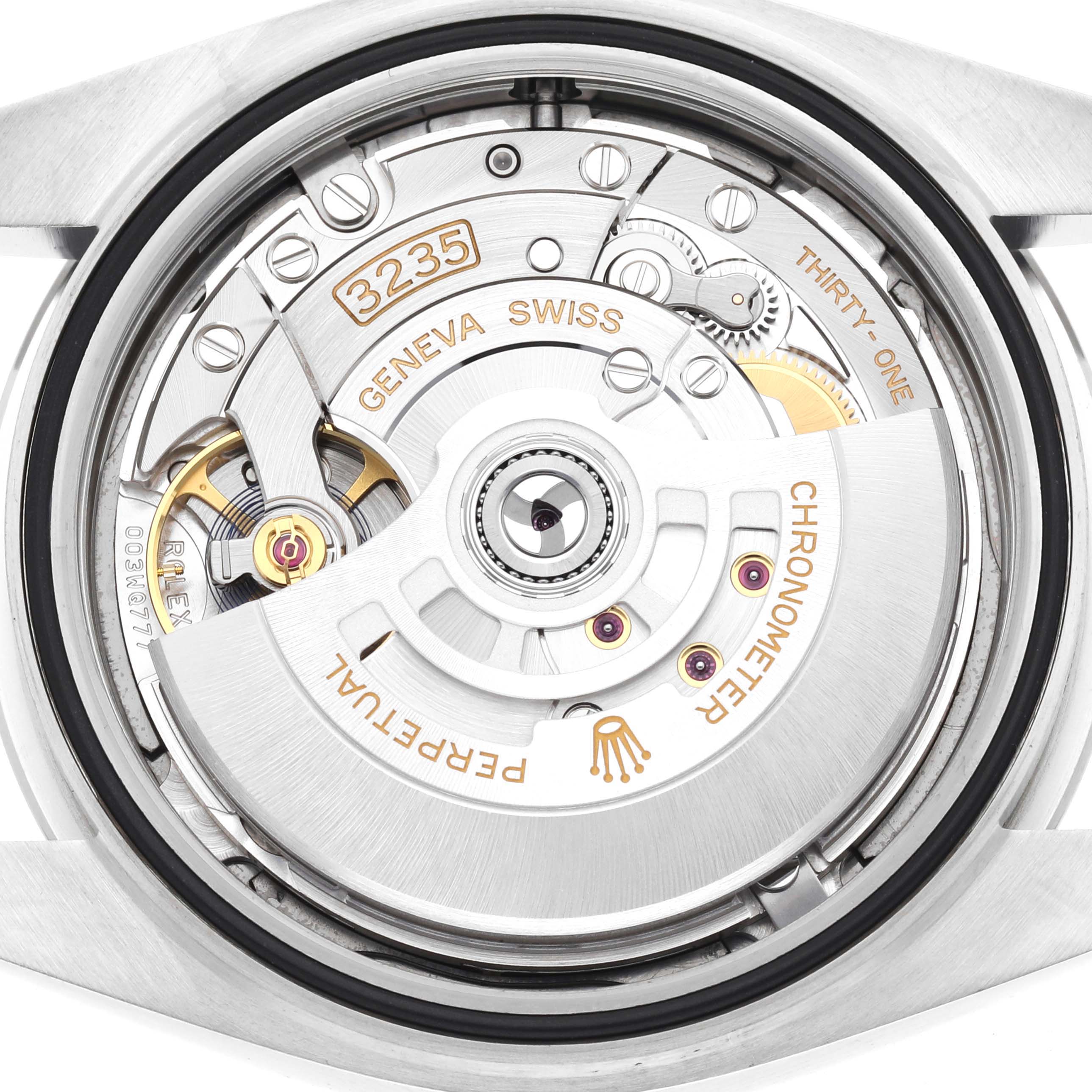 This image shows the internal mechanism of the Rolex Datejust 41 126300 Men
s Stainless Steel Grey Dial 126300 Men
s Stainless Steel Grey Dial watch, featuring the 3235 caliber movement at a close-up angle.