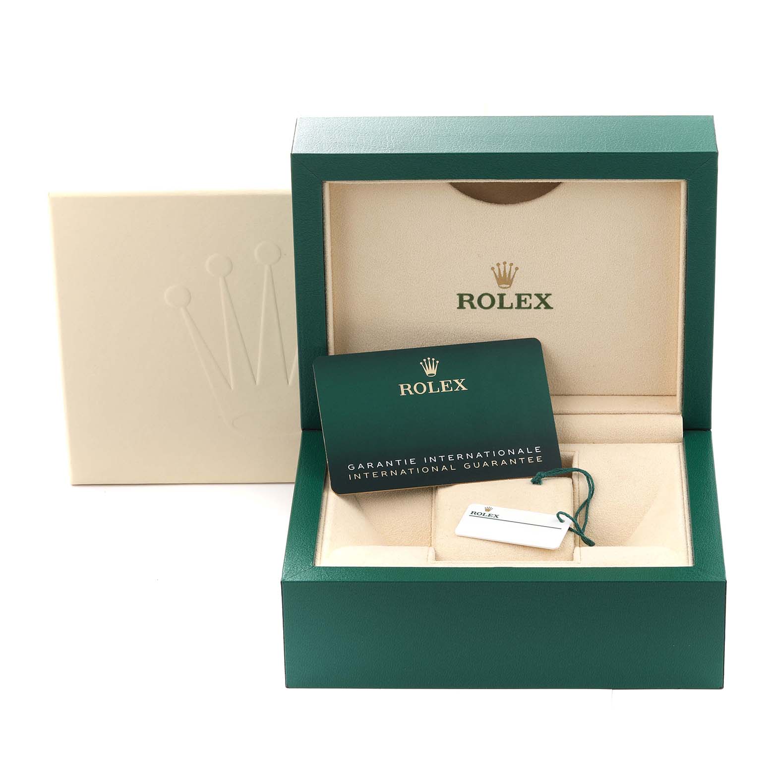 The image shows the opened box, warranty card, and tag for a Rolex Datejust 41 126300 Men
s Stainless Steel Grey Dial 126300 Men
s Stainless Steel Grey Dial watch.