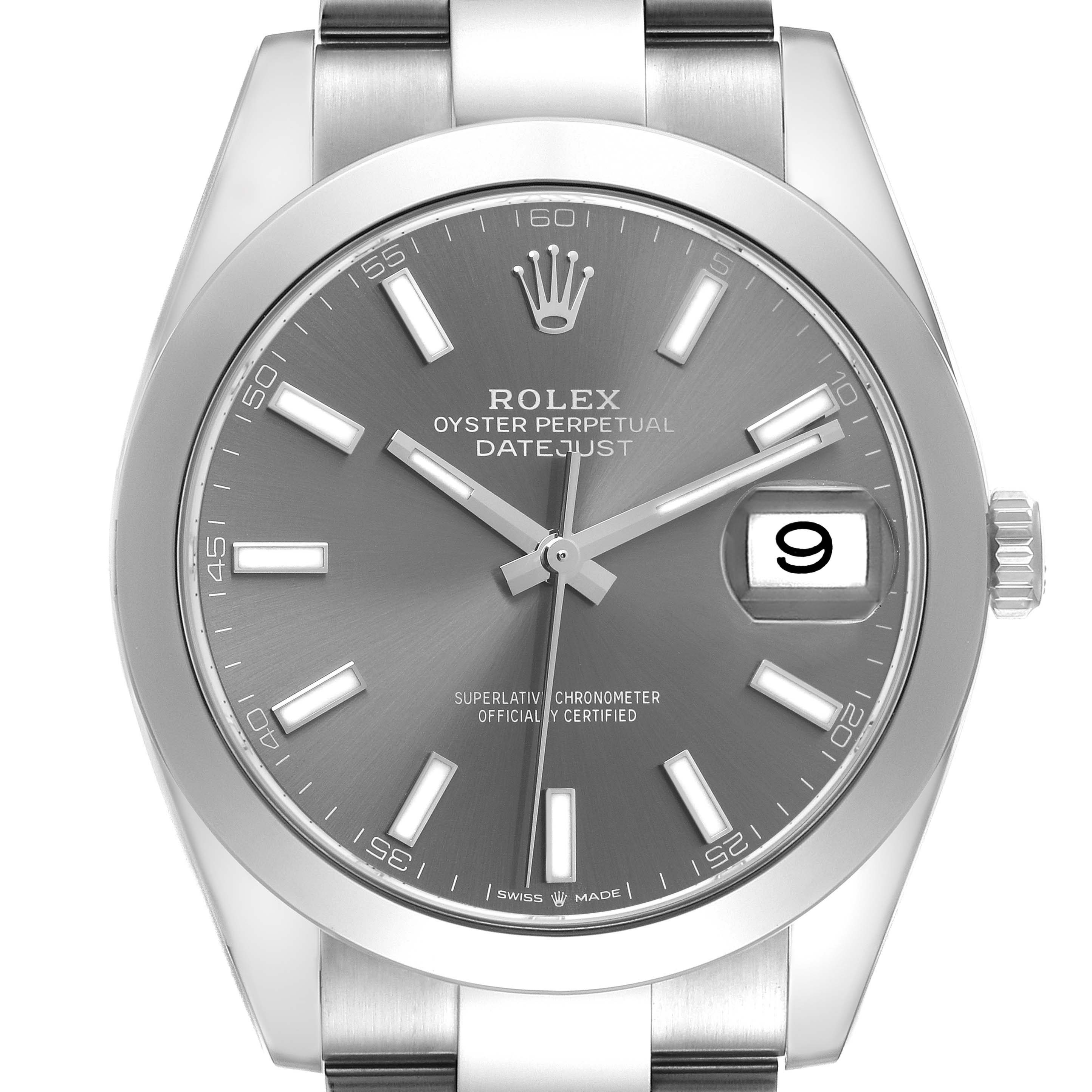 This image shows a close-up, front view of a Rolex Datejust 41 126300 Men
s Stainless Steel Grey Dial 126300 Men
s Stainless Steel Grey Dial watch face and part of its metal bracelet.