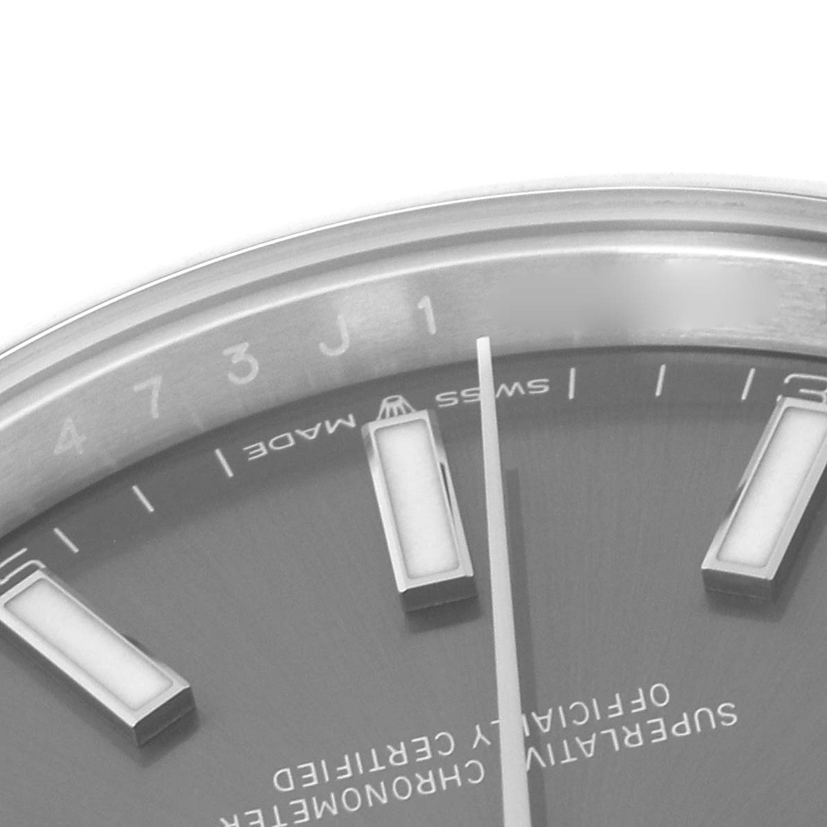 This image shows a close-up of the dial and hour markers of a Rolex Datejust 41 126300 Men
s Stainless Steel Grey Dial 126300 Men
s Stainless Steel Grey Dial watch.
