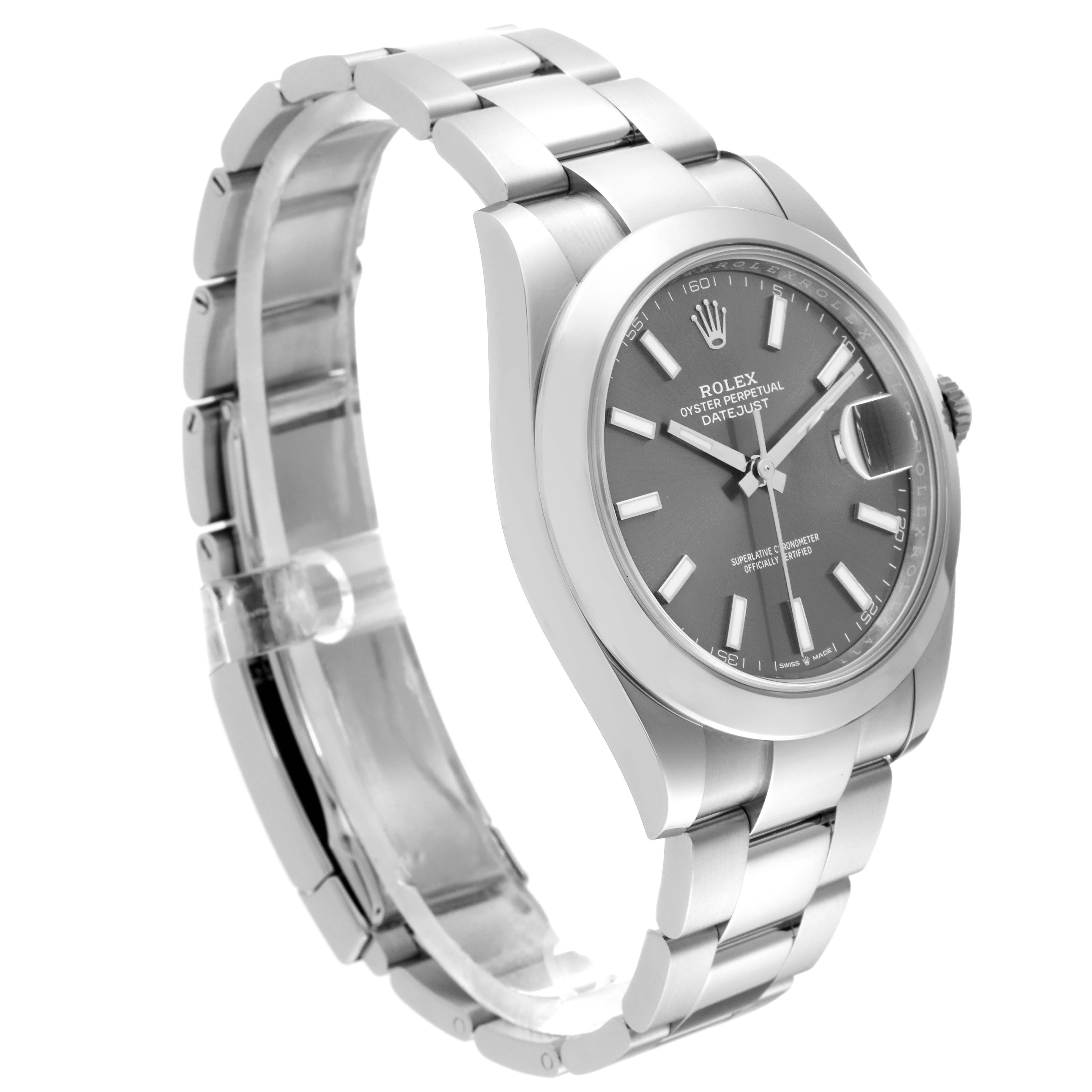 The image shows a side and angled view of the Rolex Datejust 41 126300 Men
s Stainless Steel Grey Dial 126300 Men
s Stainless Steel Grey Dial, highlighting its bracelet, dial, and bezel.