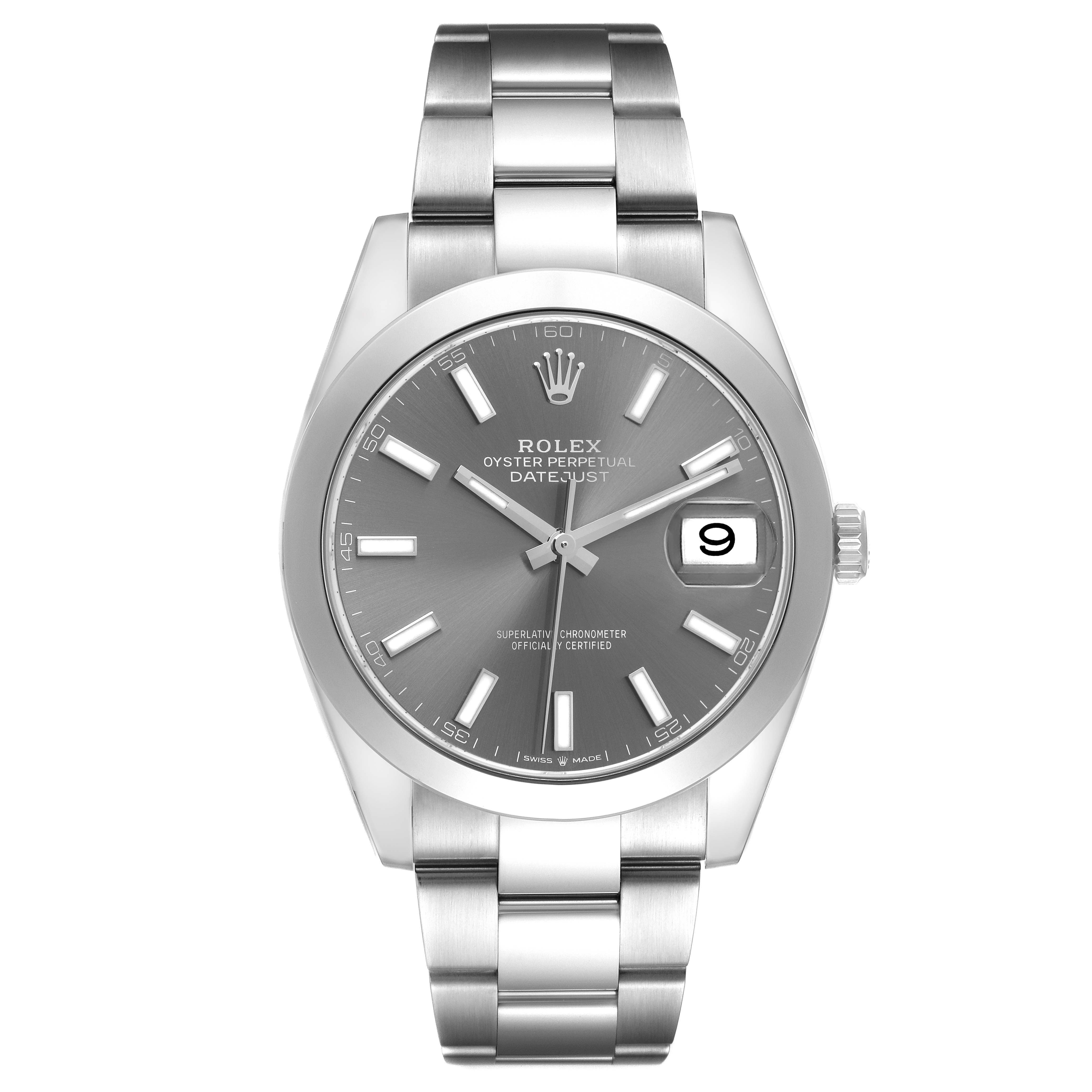The image shows a front view of the Rolex Datejust 41 126300 Men
s Stainless Steel Grey Dial 126300 Men
s Stainless Steel Grey Dial watch, highlighting the silver dial, bracelet, crown, and date window.