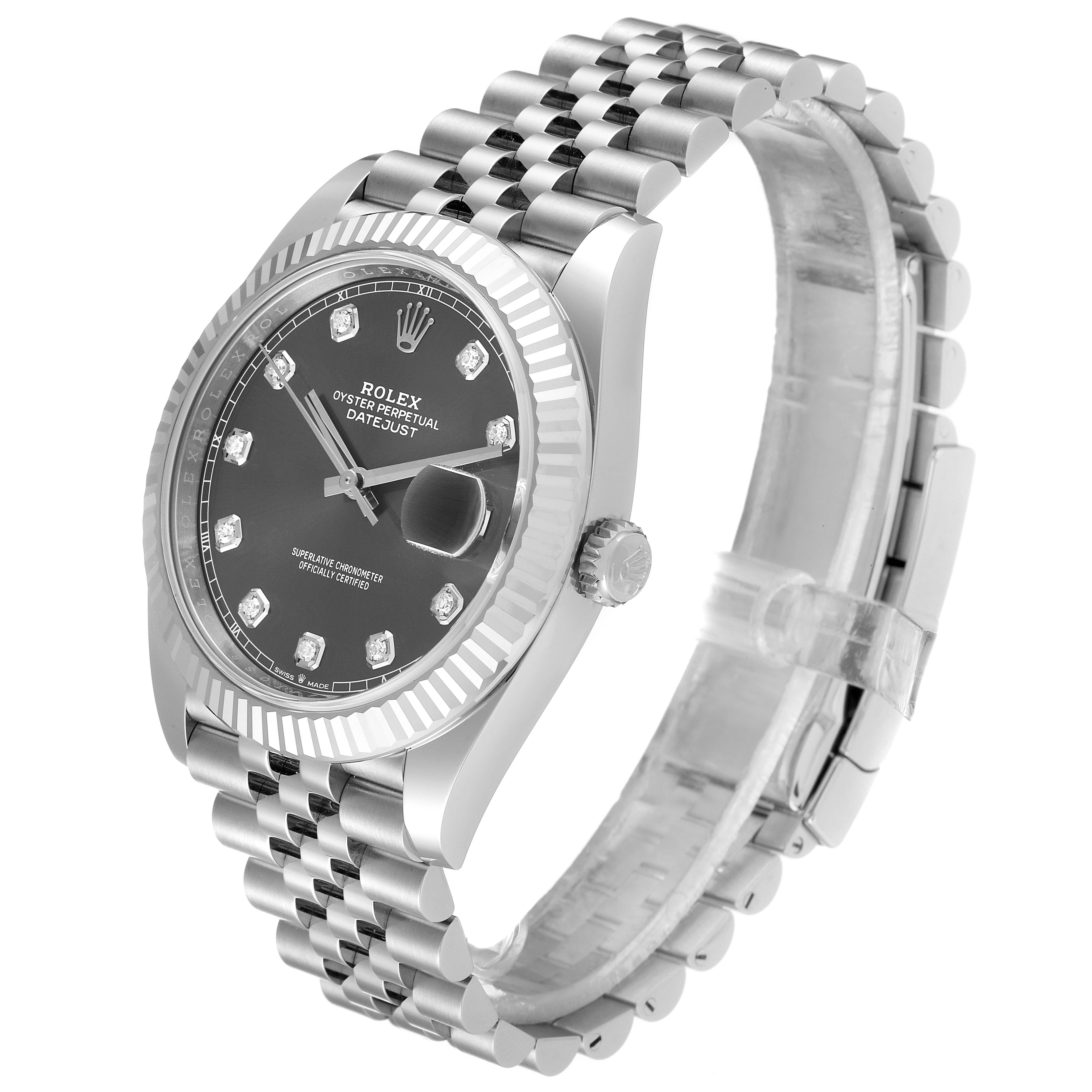 The Rolex Datejust 41 126334 Men
s Stainless Steel Grey Dial 126334 Men
s Stainless Steel Grey Dial watch is shown at a tilted angle displaying the case, bezel, jubilee bracelet, dial, and crown.