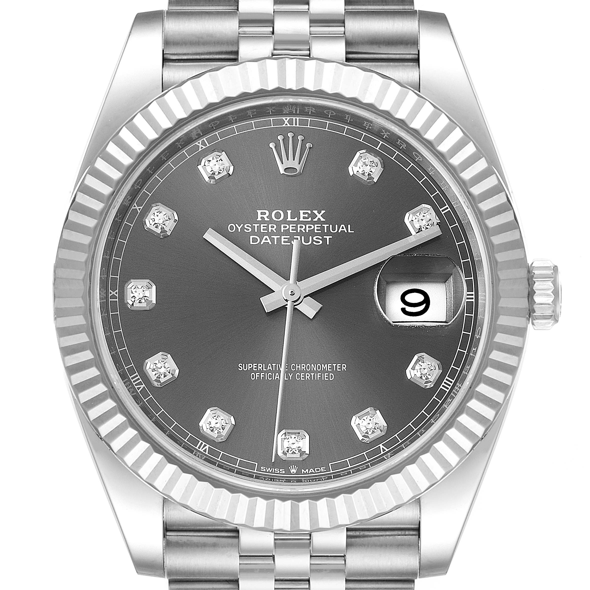 The image shows the front view of a Rolex Datejust 41 126334 Men
s Stainless Steel Grey Dial 126334 Men
s Stainless Steel Grey Dial watch, focusing on the dial, bezel, and part of the bracelet.