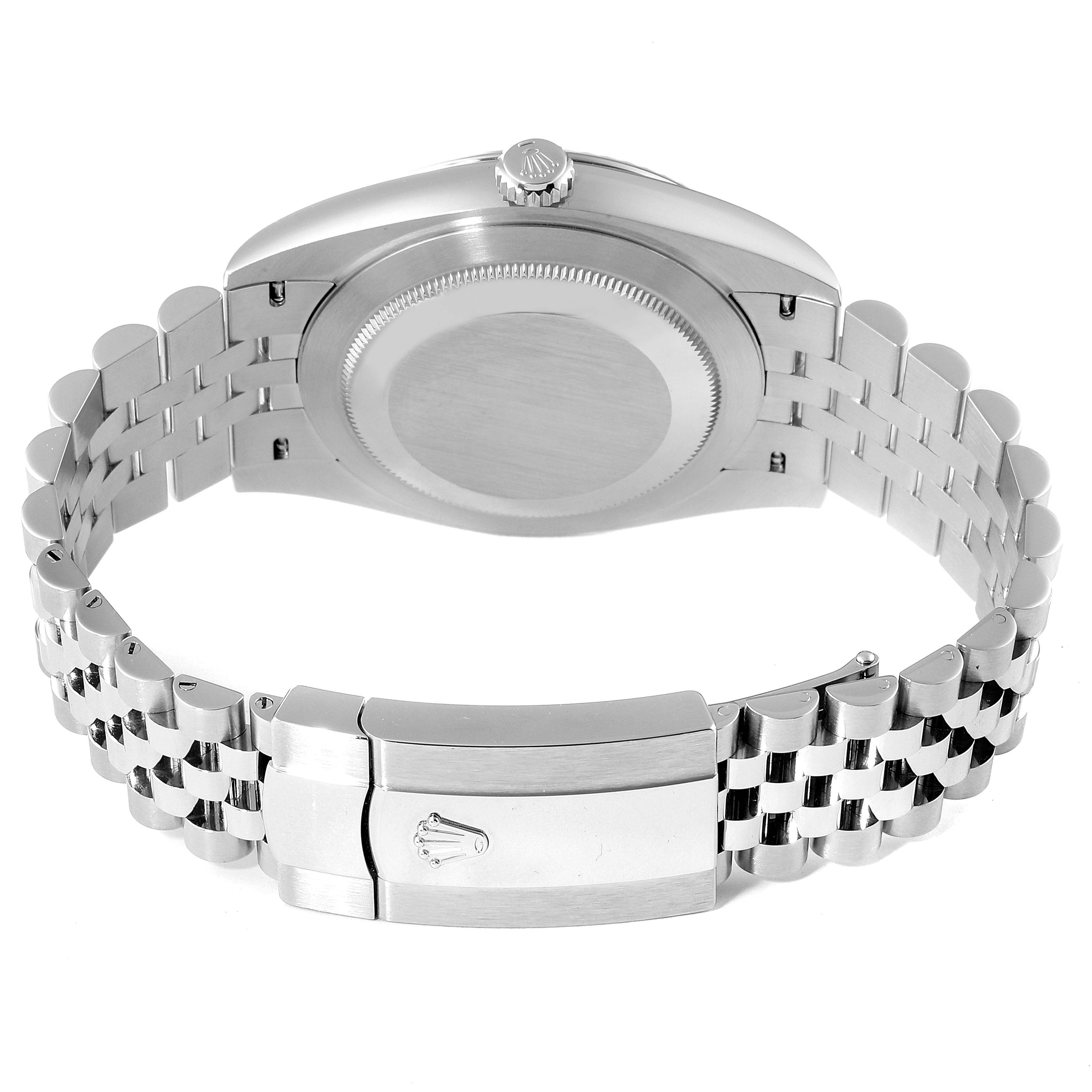 This image shows the back case and the bracelet clasp of a Rolex Datejust 41 126334 Men
s Stainless Steel Grey Dial 126334 Men
s Stainless Steel Grey Dial watch from a rear angle.