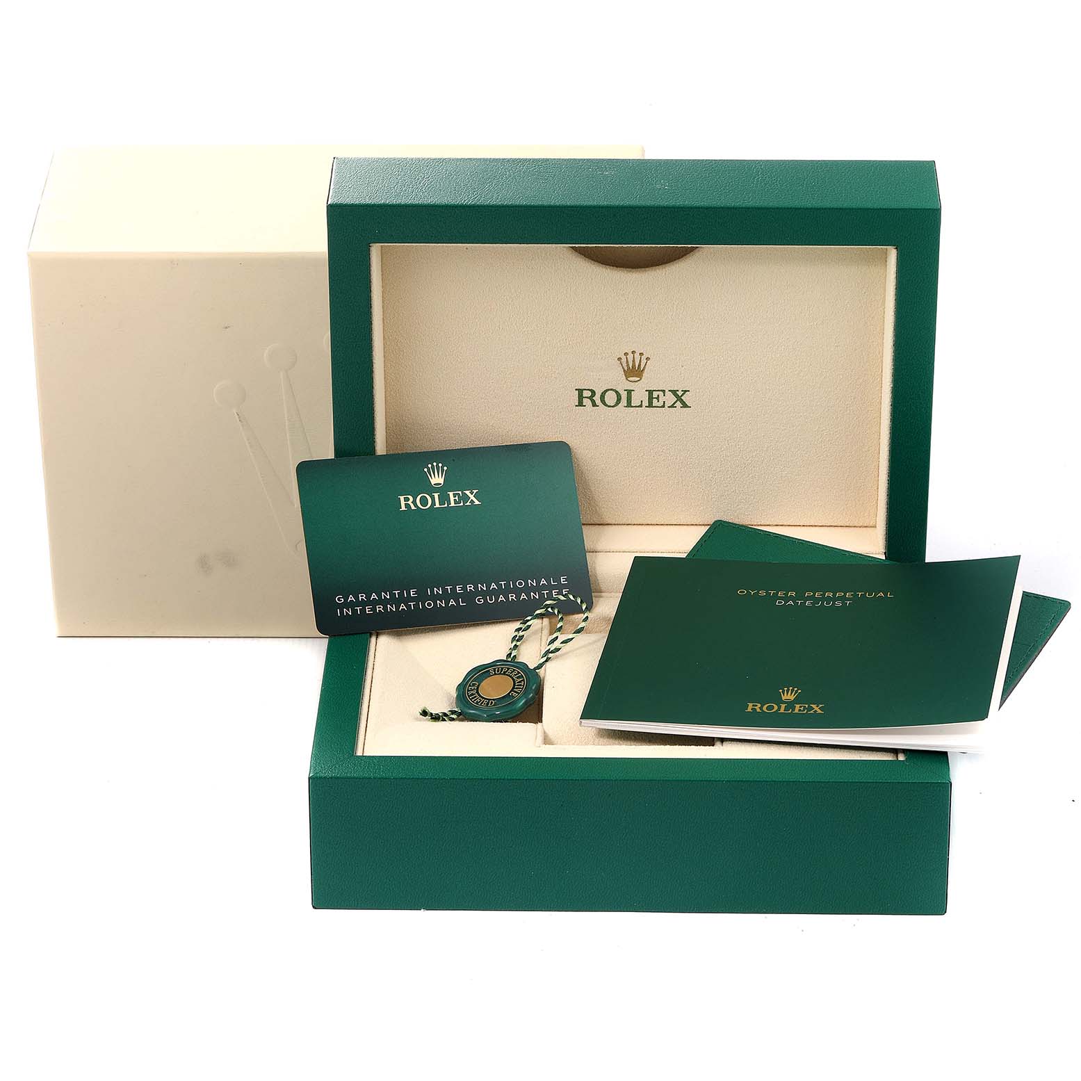 The image shows packaging and accessories for a Rolex Datejust 41 126334 Men
s Stainless Steel Grey Dial 126334 Men
s Stainless Steel Grey Dial, including the box, warranty card, and manuals from a frontal angle.