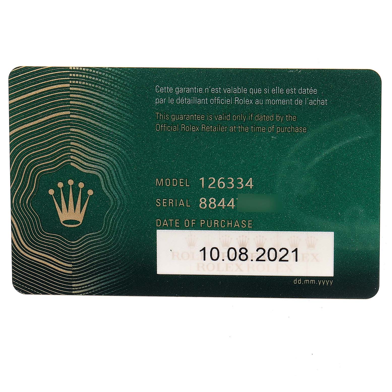 This image shows a Rolex warranty card for the Rolex Datejust 41 126334 Men
s Stainless Steel Grey Dial 126334 Men
s Stainless Steel Grey Dial model with model number 126334, serial number, and date of purchase.