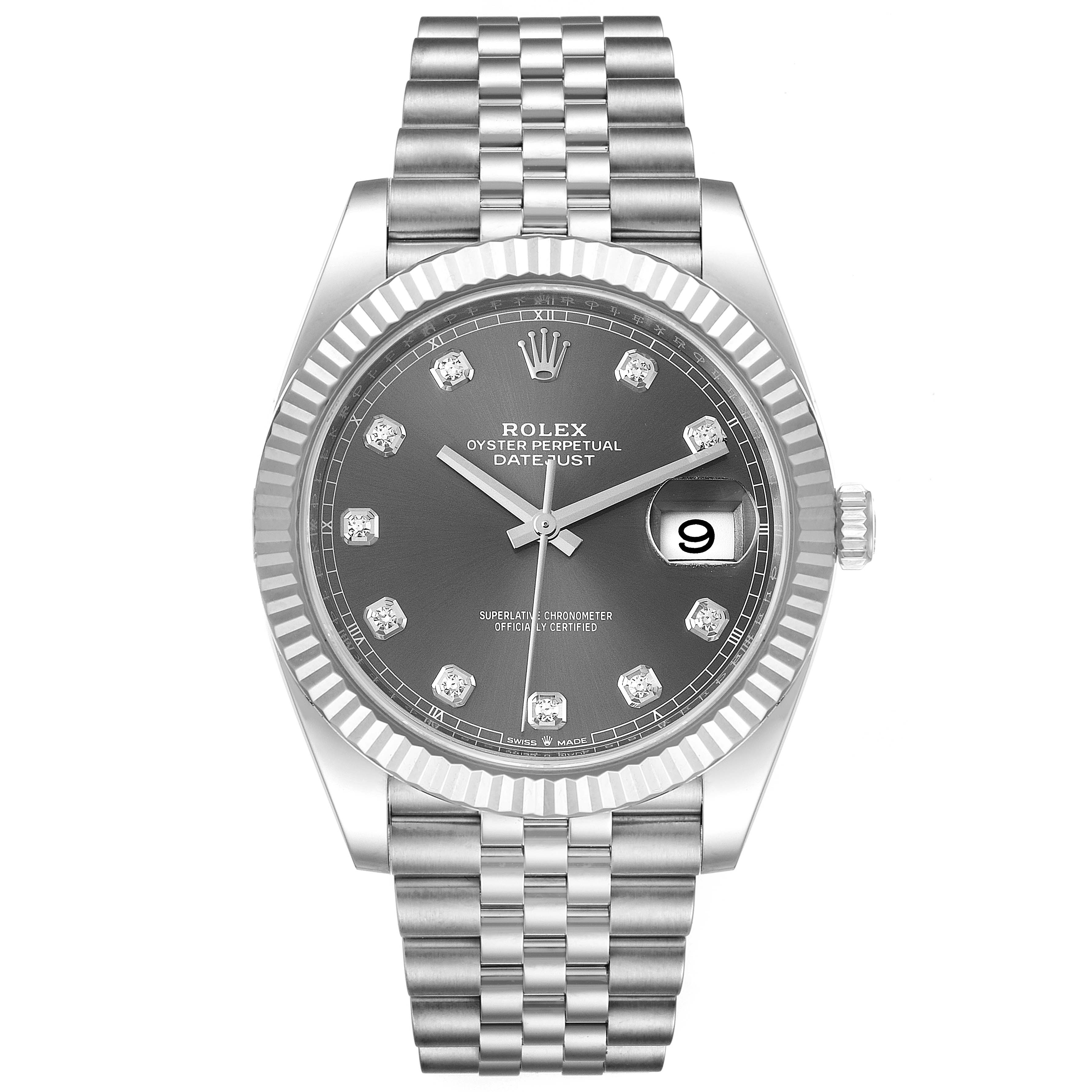 This image shows a frontal view of the Rolex Datejust 41 126334 Men
s Stainless Steel Grey Dial 126334 Men
s Stainless Steel Grey Dial watch, highlighting its dial, bezel, bracelet, and crown.