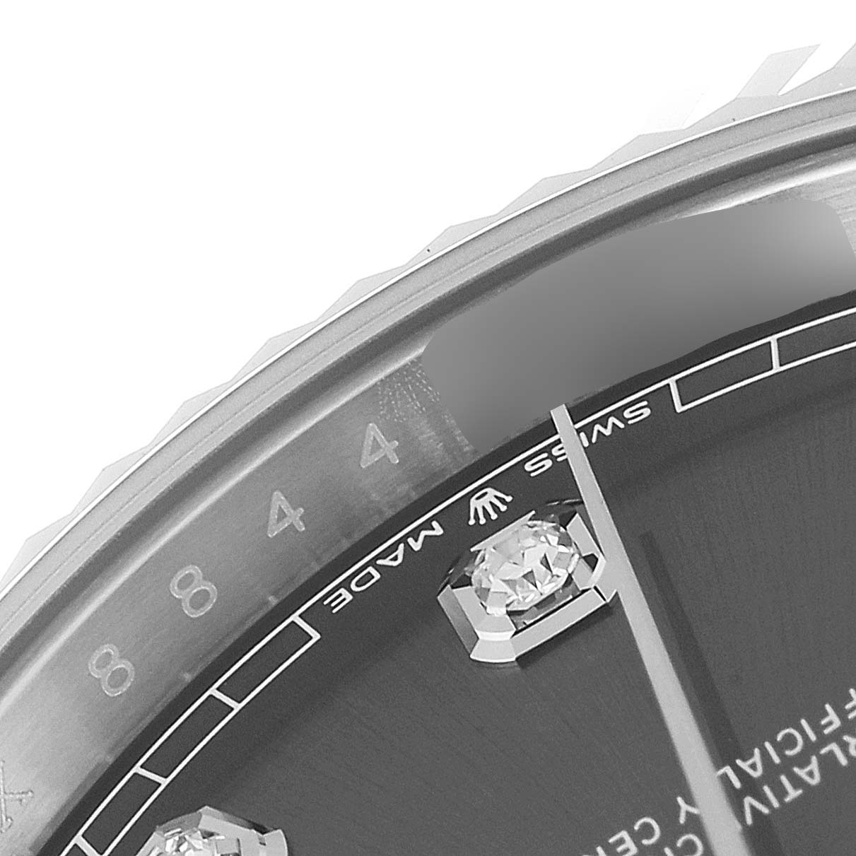 This image shows a close-up of the dial and part of the bezel of a Rolex Datejust 41 126334 Men
s Stainless Steel Grey Dial 126334 Men
s Stainless Steel Grey Dial watch.
