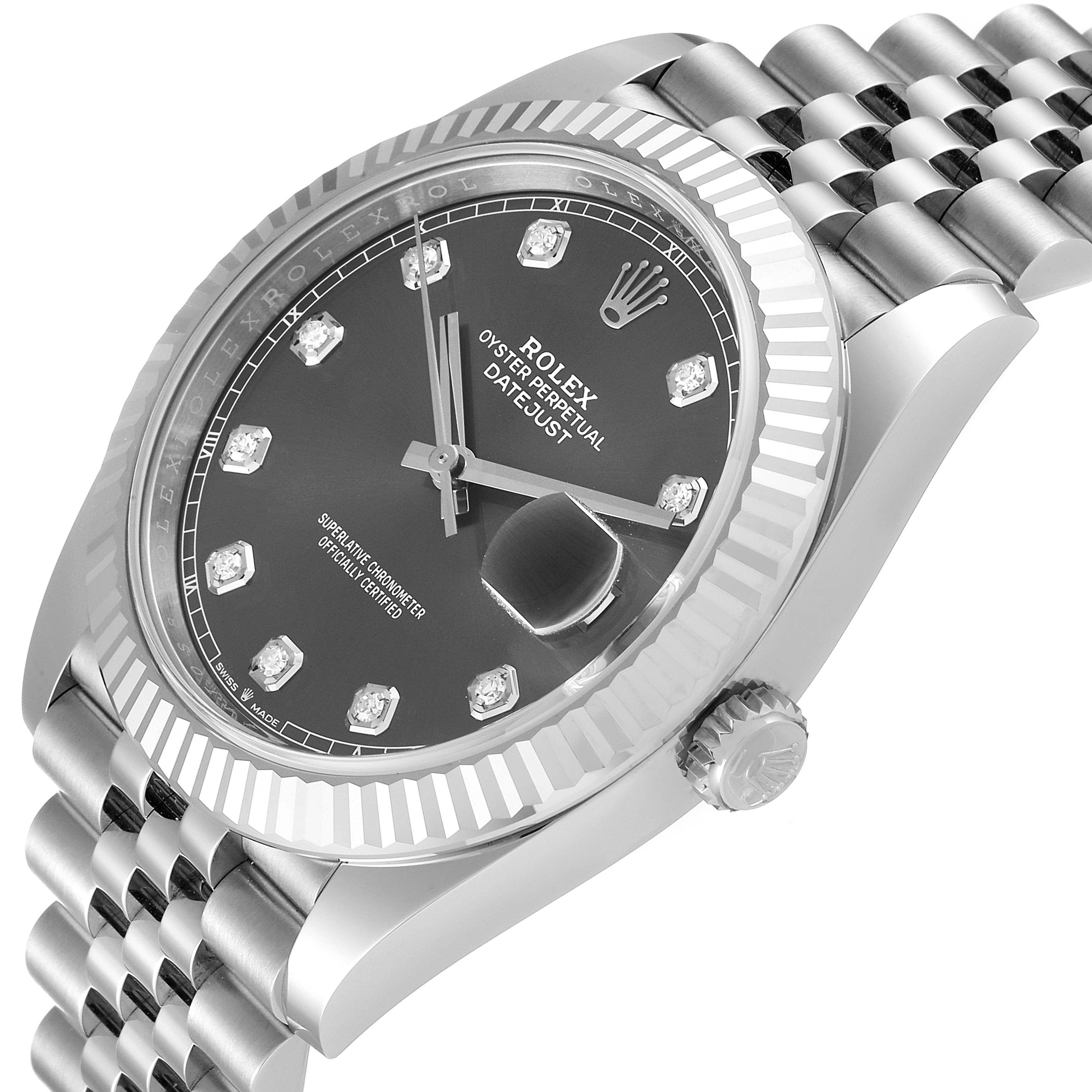The image shows a Rolex Datejust 41 126334 Men
s Stainless Steel Grey Dial 126334 Men
s Stainless Steel Grey Dial watch at an angled top view, highlighting the dial, bezel, crown, and part of the bracelet.