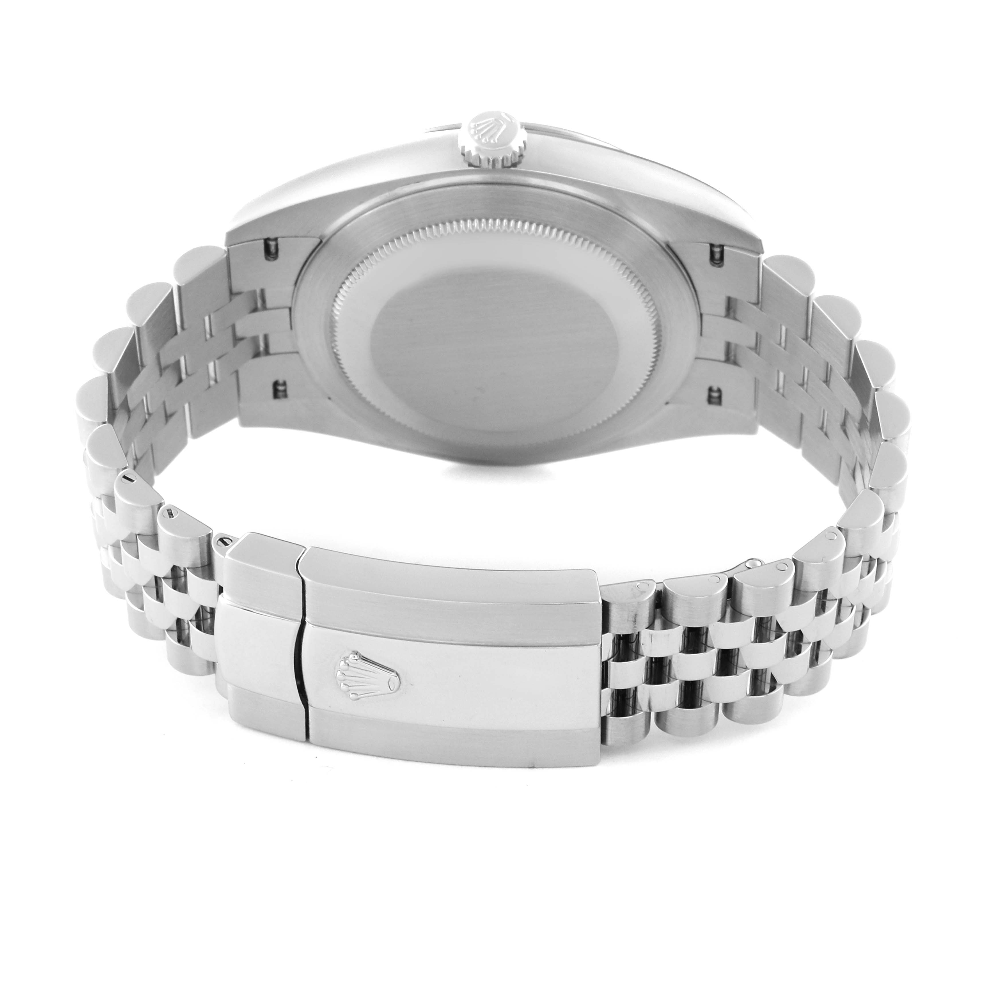 The image shows the back view of a Rolex Datejust 41 126334 Men's Stainless Steel Grey Dial 126334 Men's Stainless Steel Grey Dial watch, highlighting its case back and bracelet with clasp.