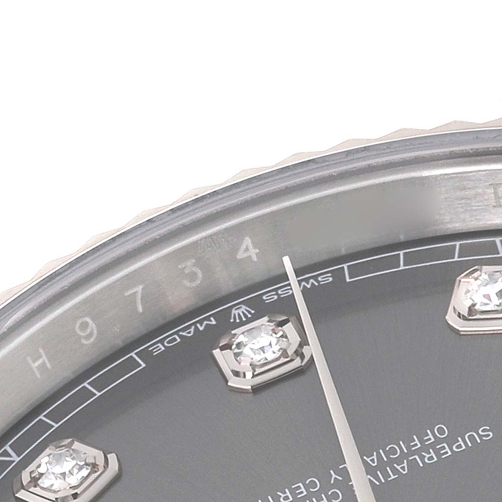 This image shows a close-up of the dial and some diamond hour markers on a Rolex Datejust 41 126334 Men's Stainless Steel Grey Dial 126334 Men's Stainless Steel Grey Dial watch.