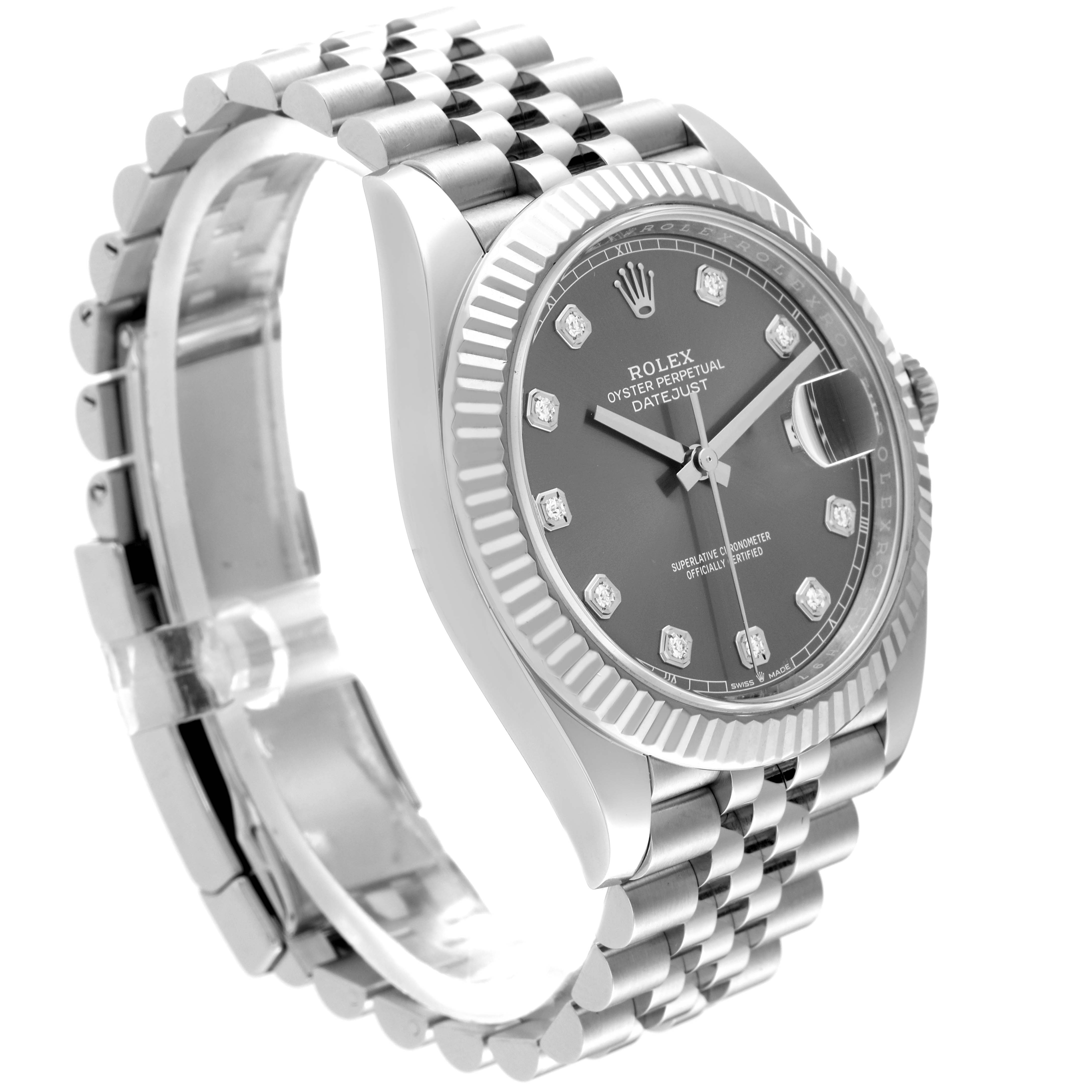 This image shows a Rolex Datejust 41 126334 Men's Stainless Steel Grey Dial 126334 Men's Stainless Steel Grey Dial watch from a three-quarter angle, highlighting the face, bezel, and bracelet.