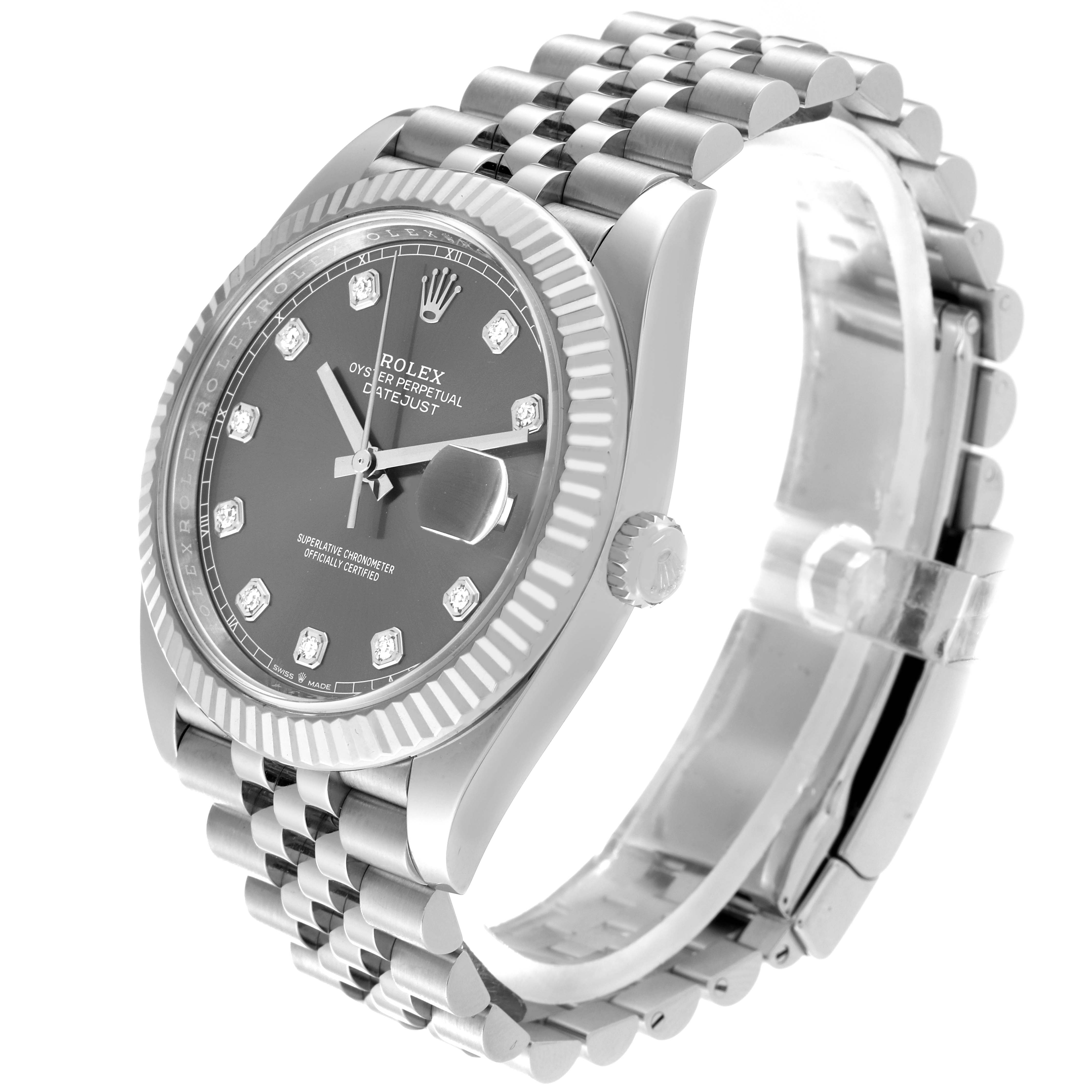 This image shows the Rolex Datejust 41 126334 Men's Stainless Steel Grey Dial 126334 Men's Stainless Steel Grey Dial watch from an angled side view, highlighting its dial, bezel, and bracelet.