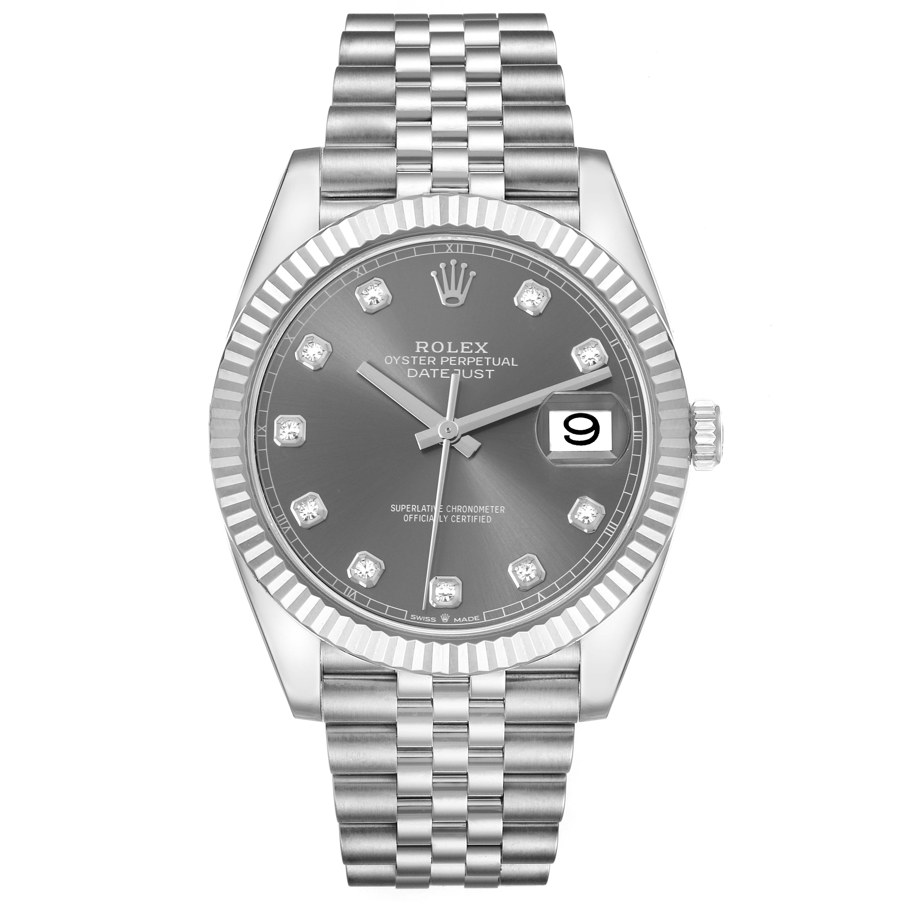 The image shows a front view of a Rolex Datejust 41 126334 Men's Stainless Steel Grey Dial 126334 Men's Stainless Steel Grey Dial watch, featuring a fluted bezel, diamond hour markers, grey dial, and Jubilee bracelet.